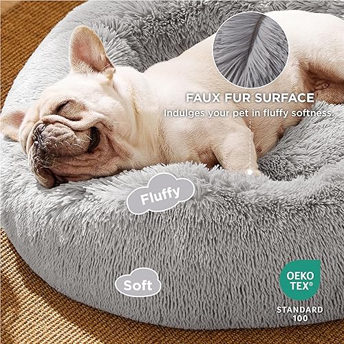 Vista 87 de Bedsure - Cama relajante para perros medianos, lavable, tipo dona, cama para gato, antideslizante, redonda, afelpada, mullida, de piel sintética