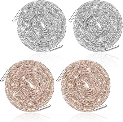 Ptwola 2 Pairs Rhinestone Shoe Laces Glitter Shoelaces Bling Round Shoe Strings Crystal Replacement Laces for Sneakers Accessories Women Men
