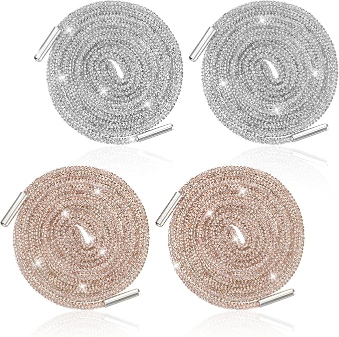 Ptwola 2 Pairs Rhinestone Shoe Laces Glitter Shoelaces Bling Round Shoe Strings Crystal Replacement Laces for Sneakers Accessories Women Men