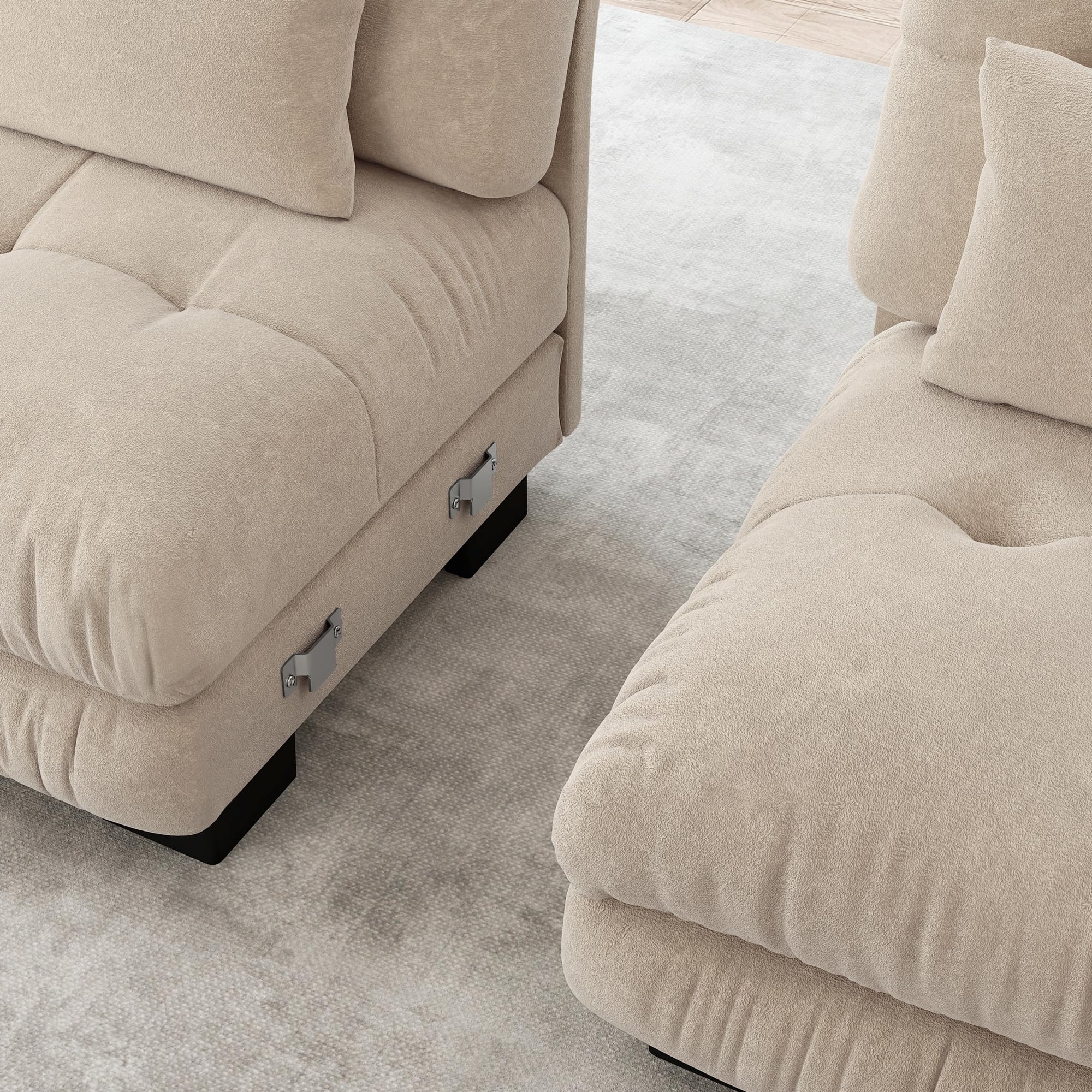 Divano angolare modulare, set divano a forma di U per soggiorno, 4 posti, comodi divani cloud con pouf mobile, combinazione fai da te, caffè leggero, ciniglia marrone chiaro
