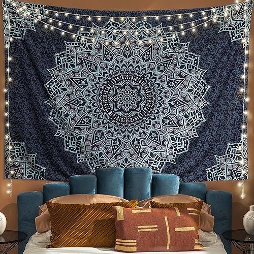 Miniatura 38 de Edeesky Tapiz de mandala blanco dorado para colgar en la pared, medallón psicodélico, tapiz estético indio hippie, arte bohemio, decoración