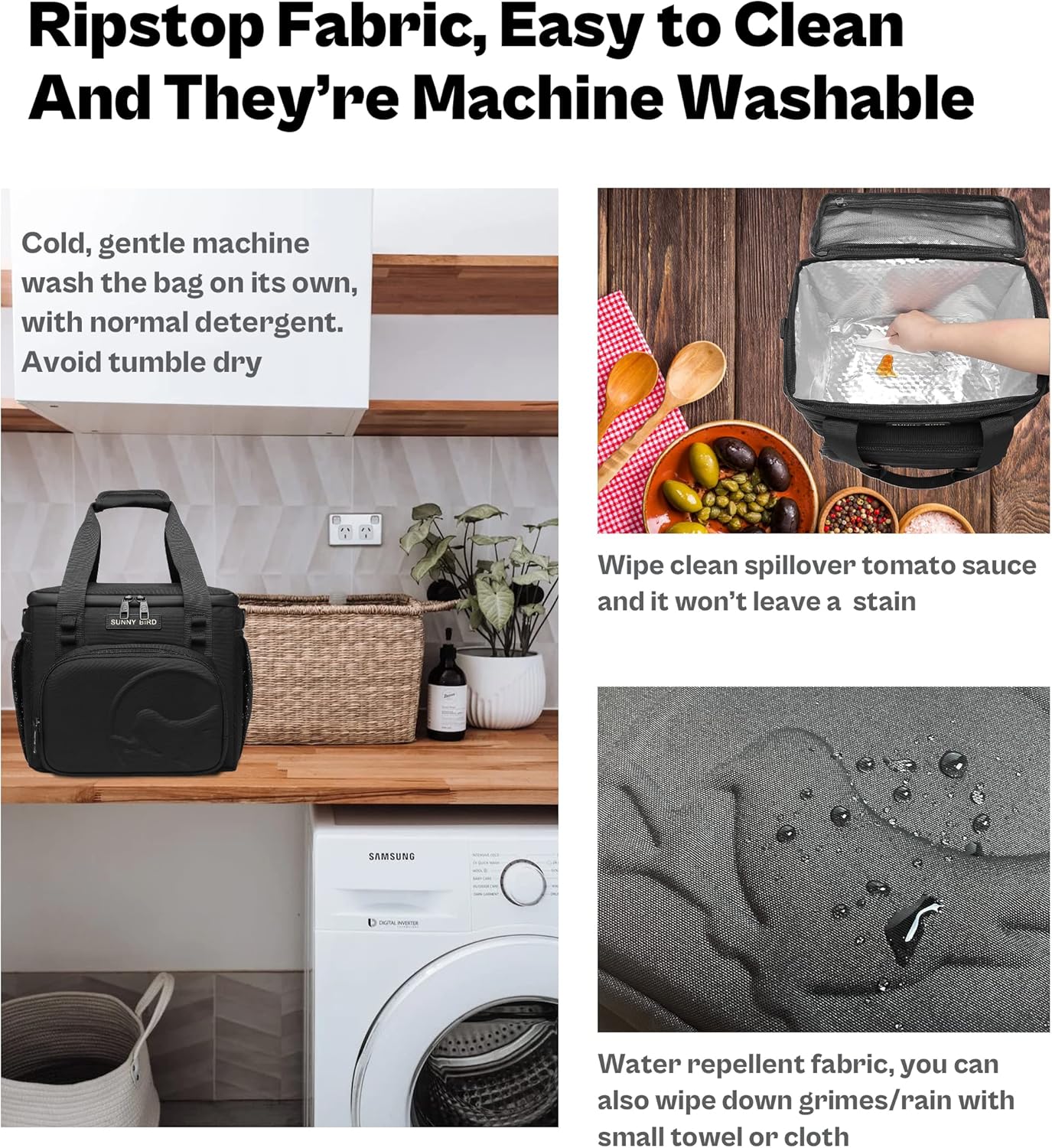 SUNNY BIRD 12L Large Insulated Lunch Bag, Leakproof and Foldable Lunch Cooler Box for Women Adult and Men, Fits 18 Cans (Black 01) - Image 5