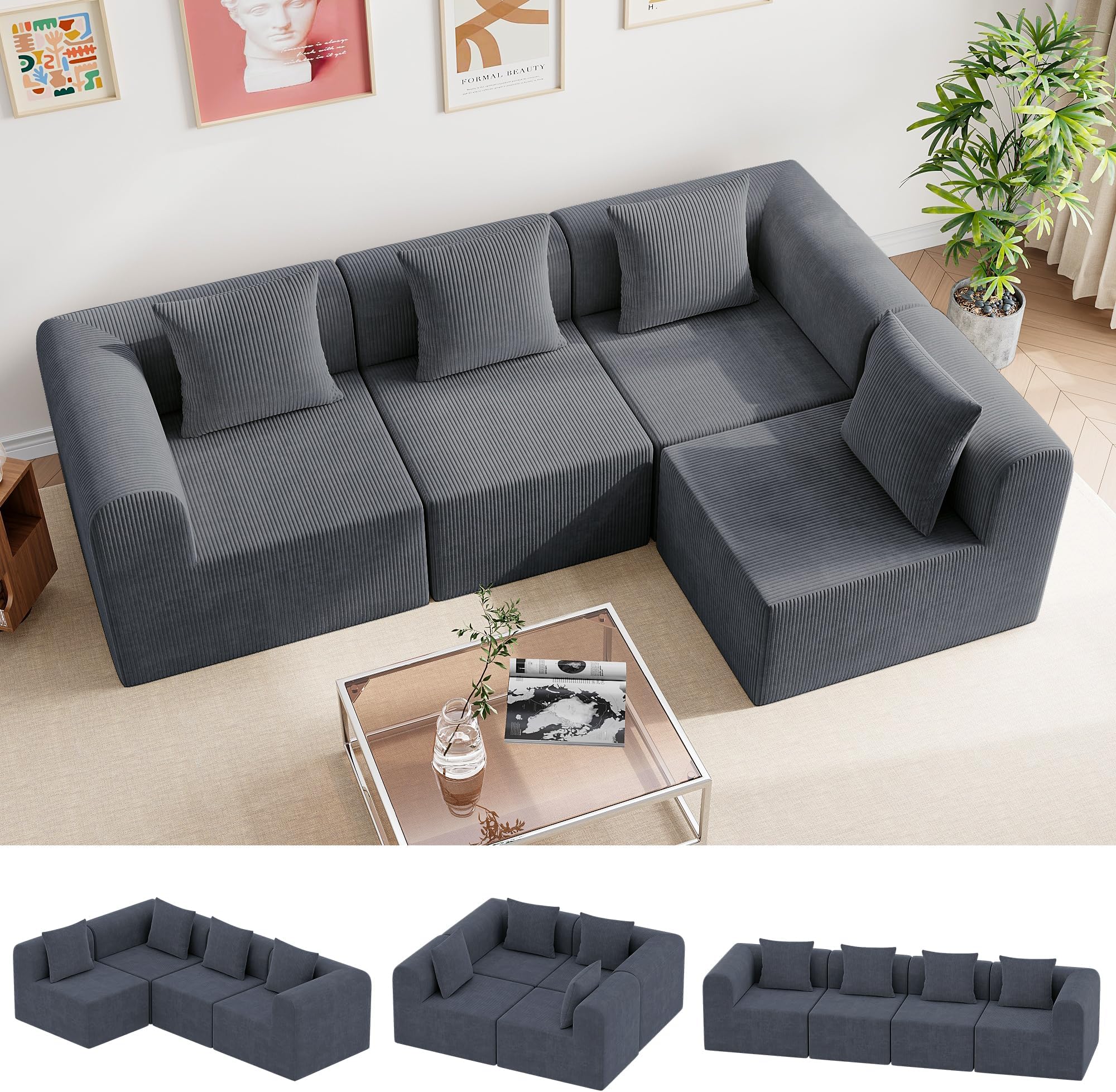 wanan 121'' Modular Sectional Couches for Living Room with Deep Seat, L-Shape Cloud Sofa Couch, High Density Memory Foam, Boneless Upholstered Couches, Easy Assembly (Dark Gray, 4 Seats)