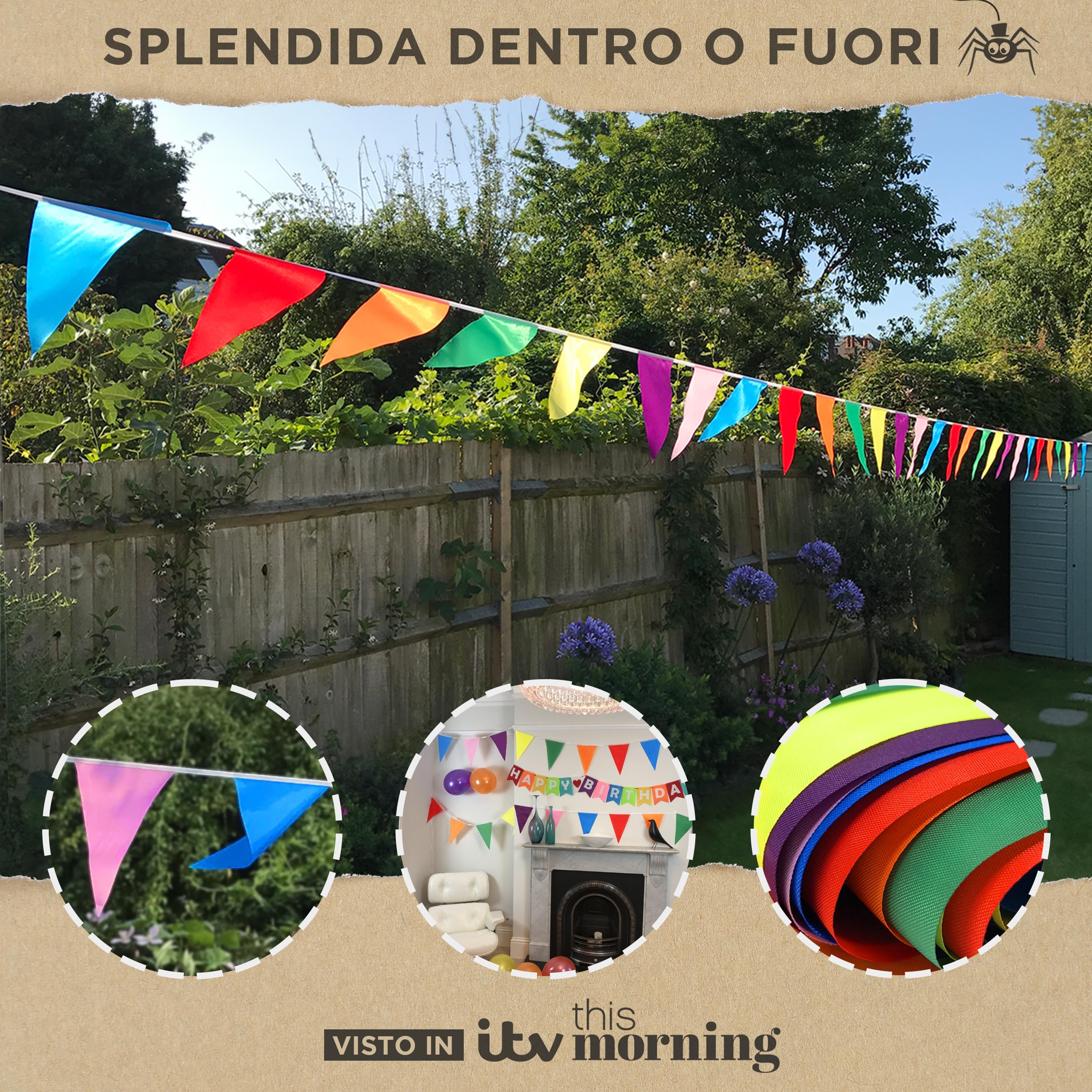 Festoni Compleanno in Poliestere Riutilizzabili – Bandierine Arcobaleno Resistenti per Interno ed Esterno, Decorazioni Festa Impermeabili Striscione, Confezione da 4, 56m (168 Bandiere)