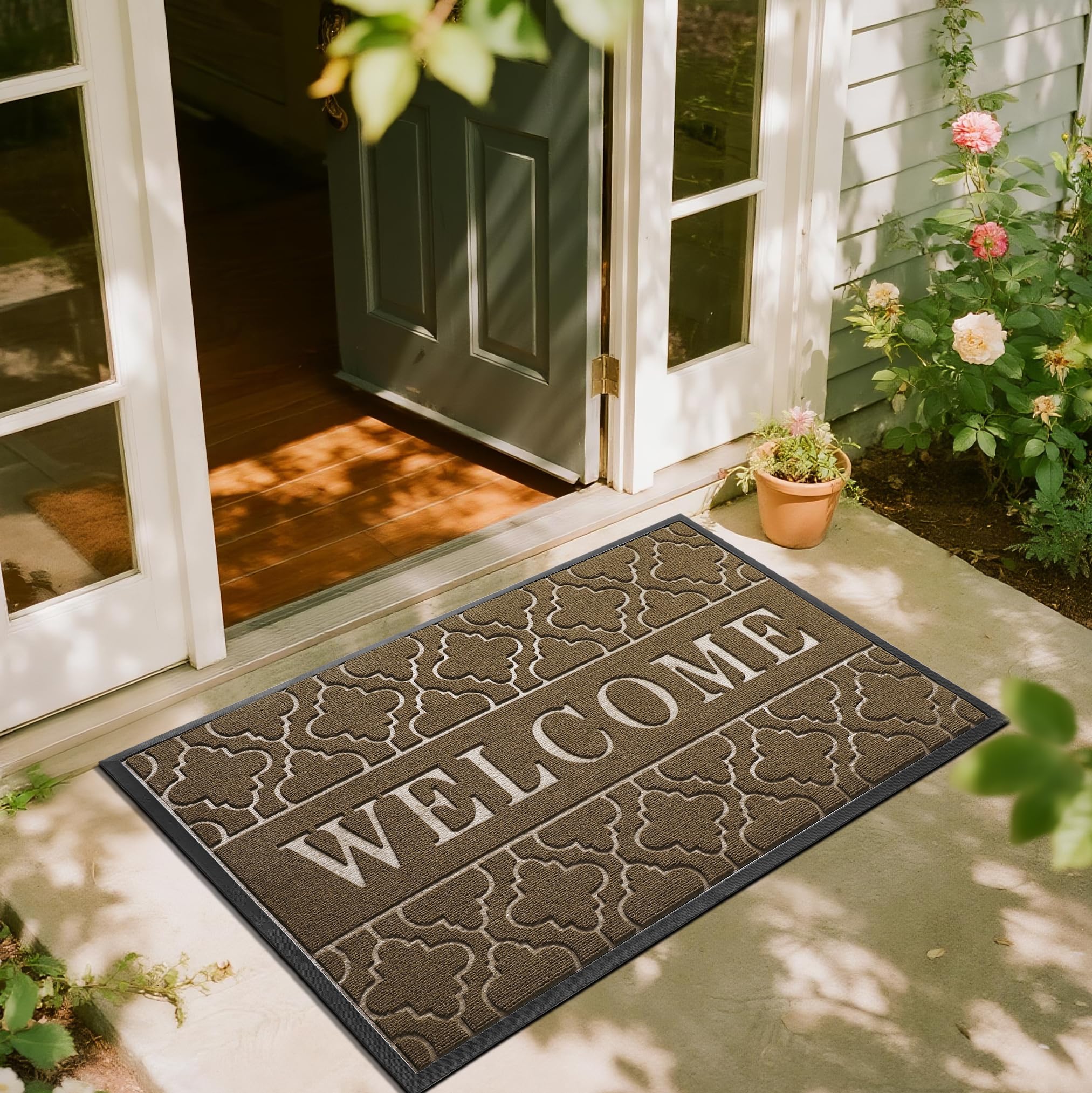 Yimobra Welcome Mat Outdoor Indoor, All-Season Waterproof Front Door Mat Outside Entrance, All-Weather Heavy Duty Non-Slip Doormat, Low Profile Porch