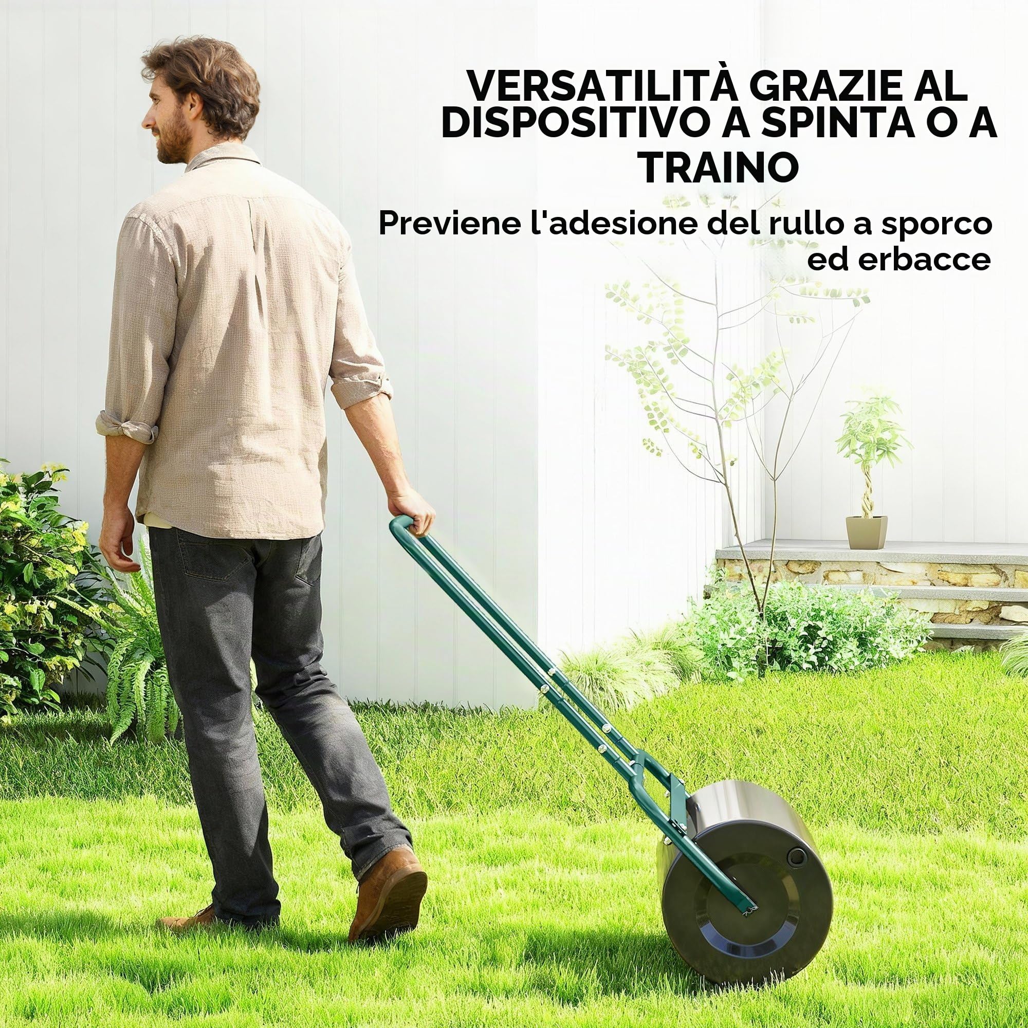 Outsunny Rullo per prato Rullo da giardino riempibile con acqua o sabbia, larghezza 50 cm manuale con impugnatura a U, capacità 38 litri, per prato in acciaio, agricolo per giardino