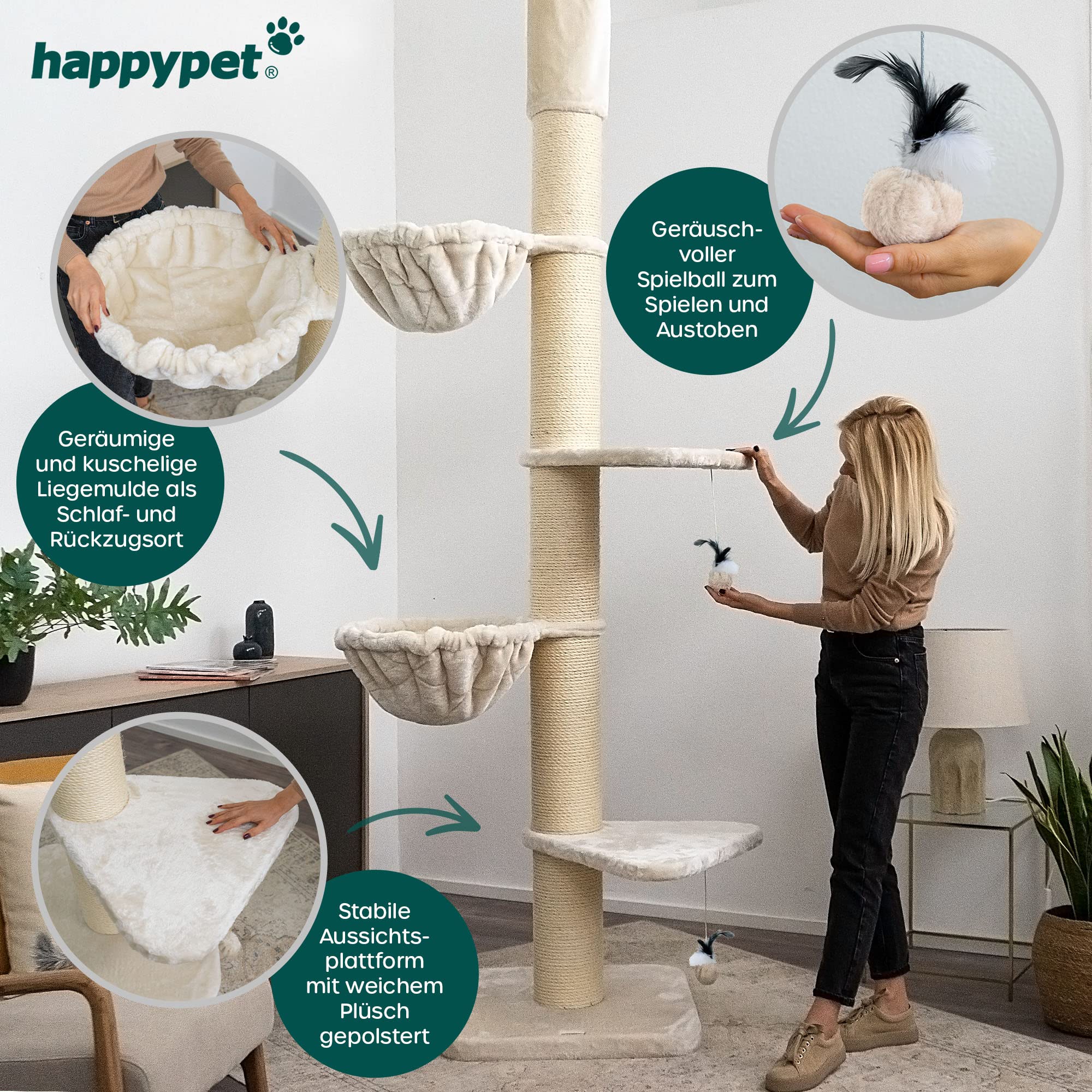 HAPPYPET Kratzbaum 'Leonardo' Grosse Katzen Stabil XXL Deckenhoch, 250 bis 275 cm - 18 cm Dicke Stämme, Liegemulden bis 20 kg, Höhle, geprüftes Holz, Katzenkratzbaum für Maine Coons & Ragdolls