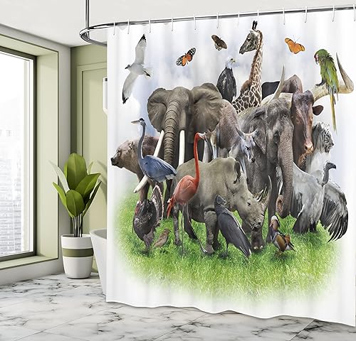 Miniatura 4 de Ambesonne Cortina de ducha de animales, imágenes digitales estilo collage imagen de criaturas salvajes de fauna zoológica, arte de tela de tela para