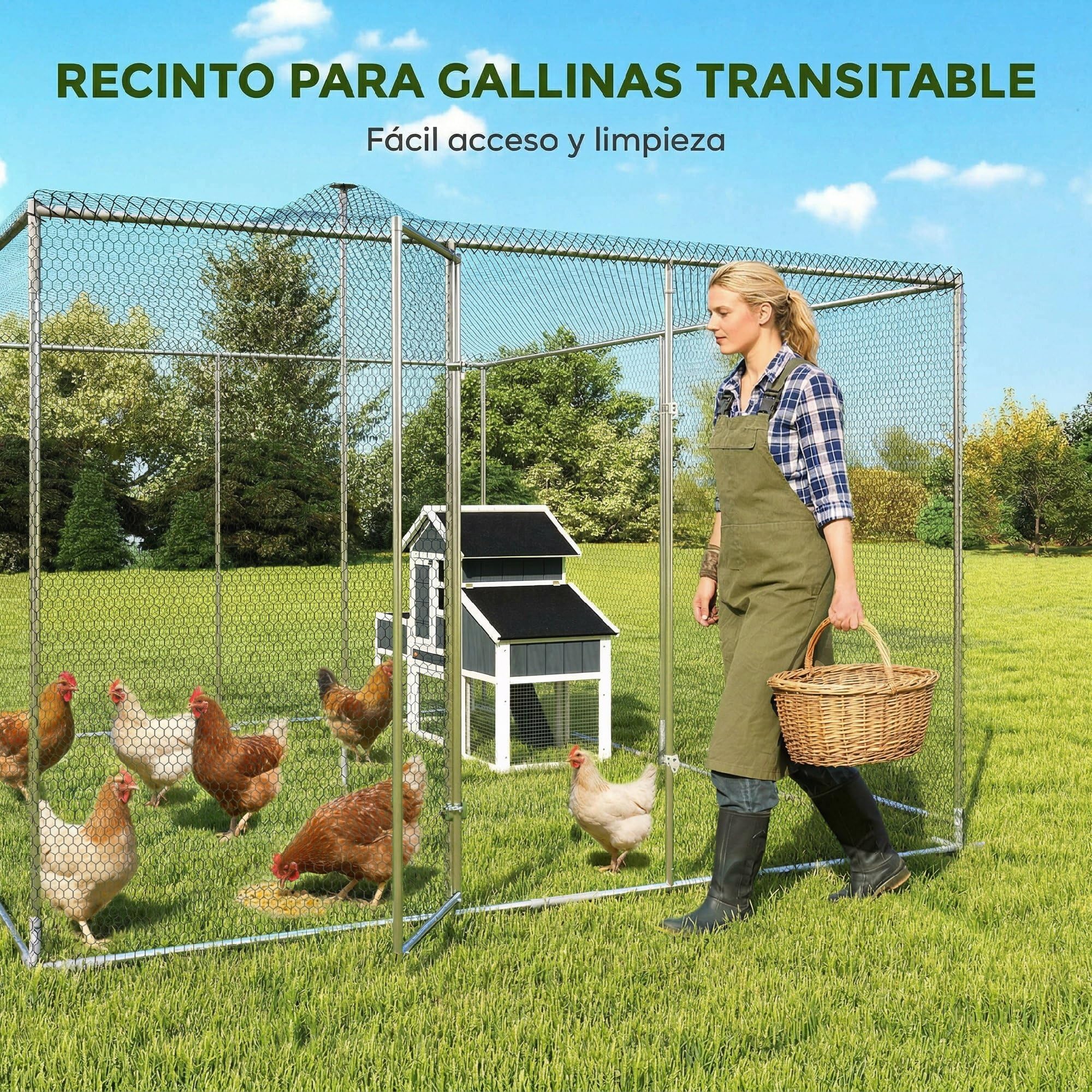 PawHut Gallinero Exterior Grande 4x3x1,97 m 12 m² Acero Galvanizado Puerta Doble Cierre Red PE Resistente Intemperie Walk-In