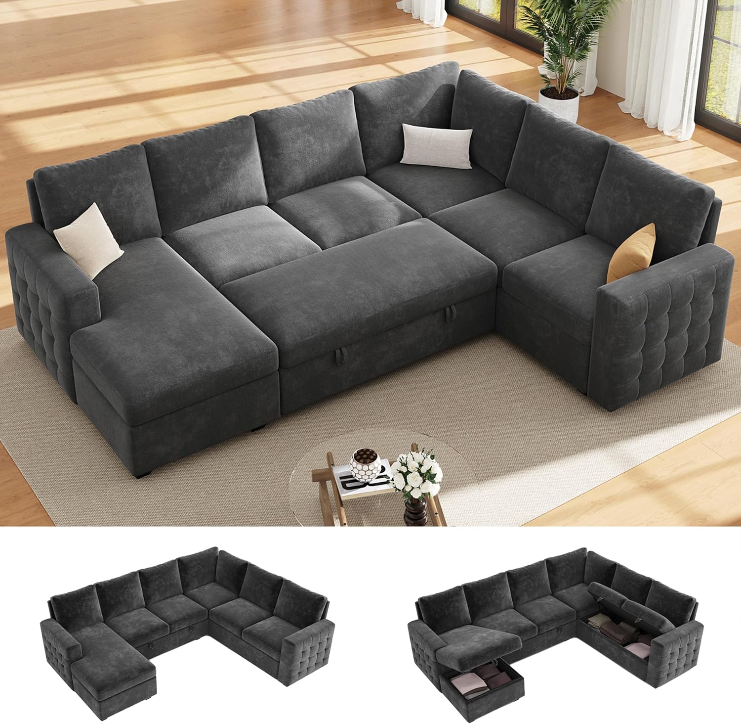 104" Sectional Sleeper Sofa Bed, Pull Out Couch with Storage, Modular Cloud Sofa with Chaise, 7 Seat U Shaped Sectional Couches for Living Room& Apartment, Convertible Sofas, Gray Couch