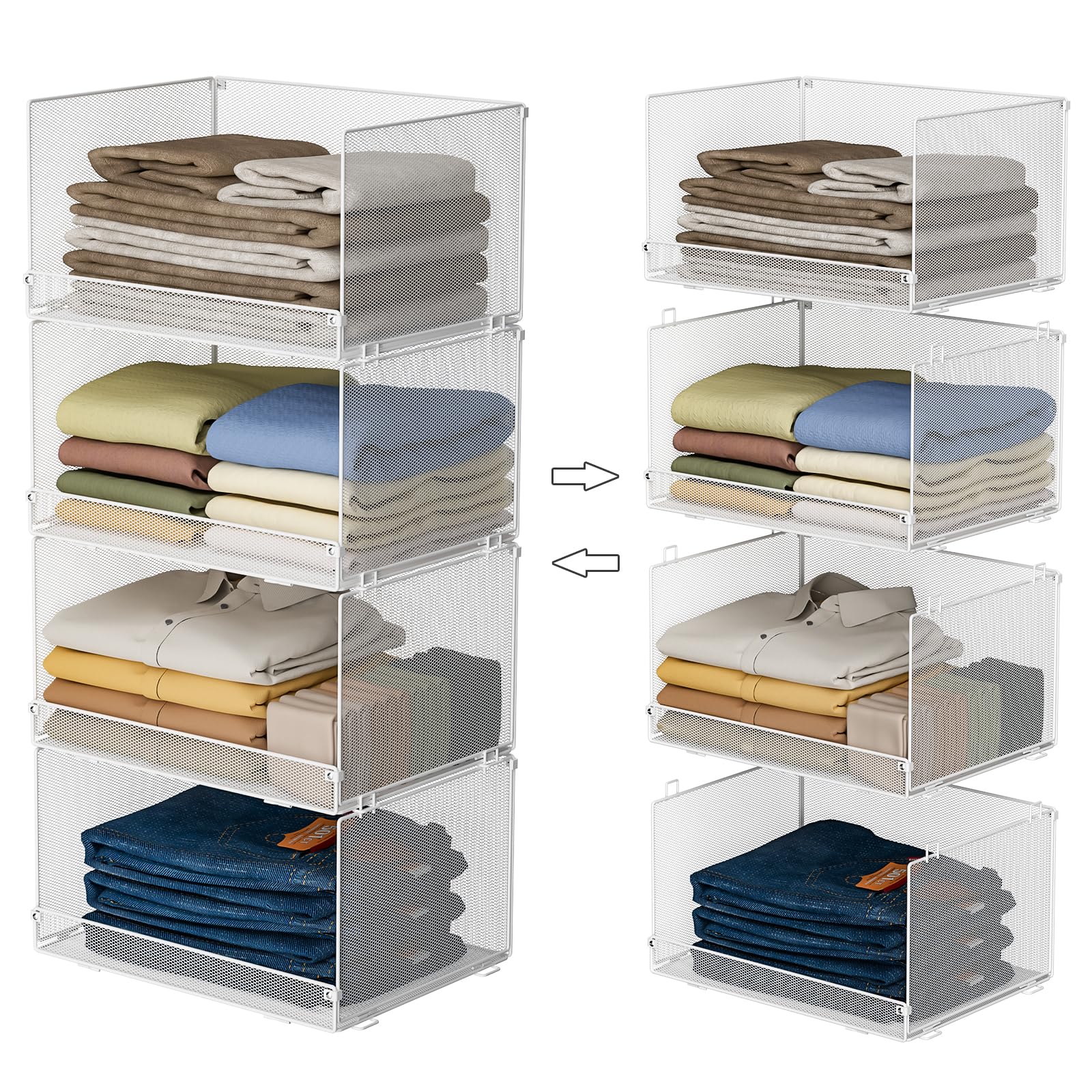 Étagères de rangement et bacs empilables pour un dressing de chambre épuré
