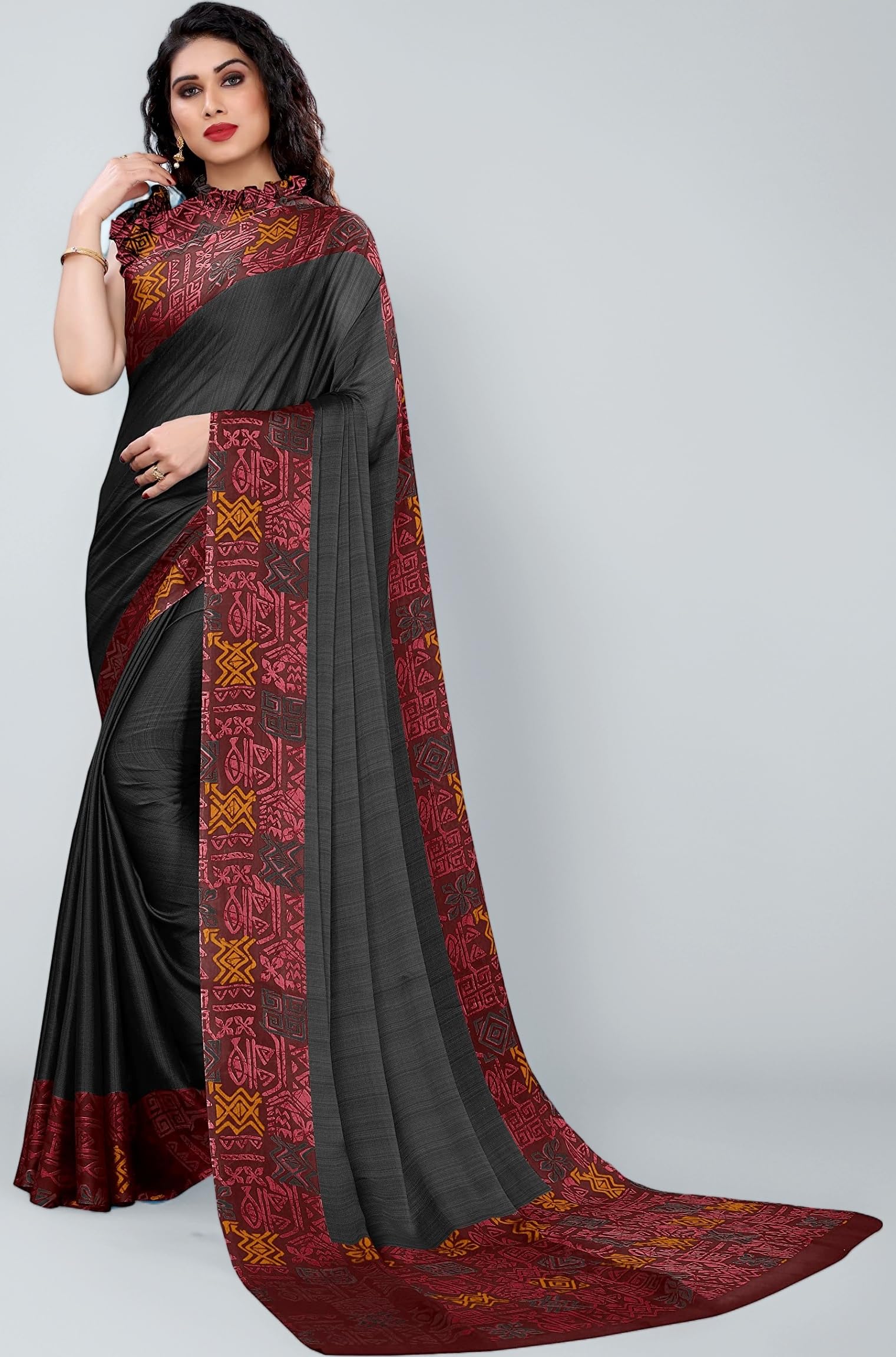 MIRCHI FASHION Women's Plain Weave Chiffon Geometric Printed Saree with Blouse Piece
