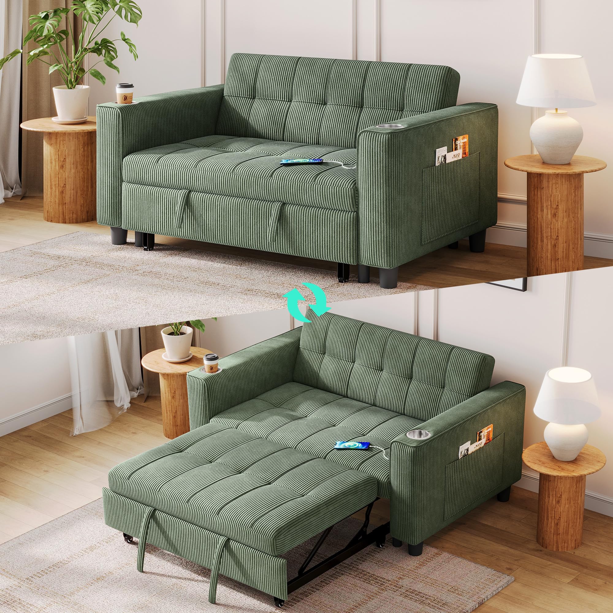 LINSY Sleeper Sofa Bed, 54" Pull Out Couch with Charging Station & Cup Holder, Small 3 in 1 Convertible Loveseat Sleeper Couch for Apartment, Dorm Room, Bedroom and Small Space, Corduroy Green
