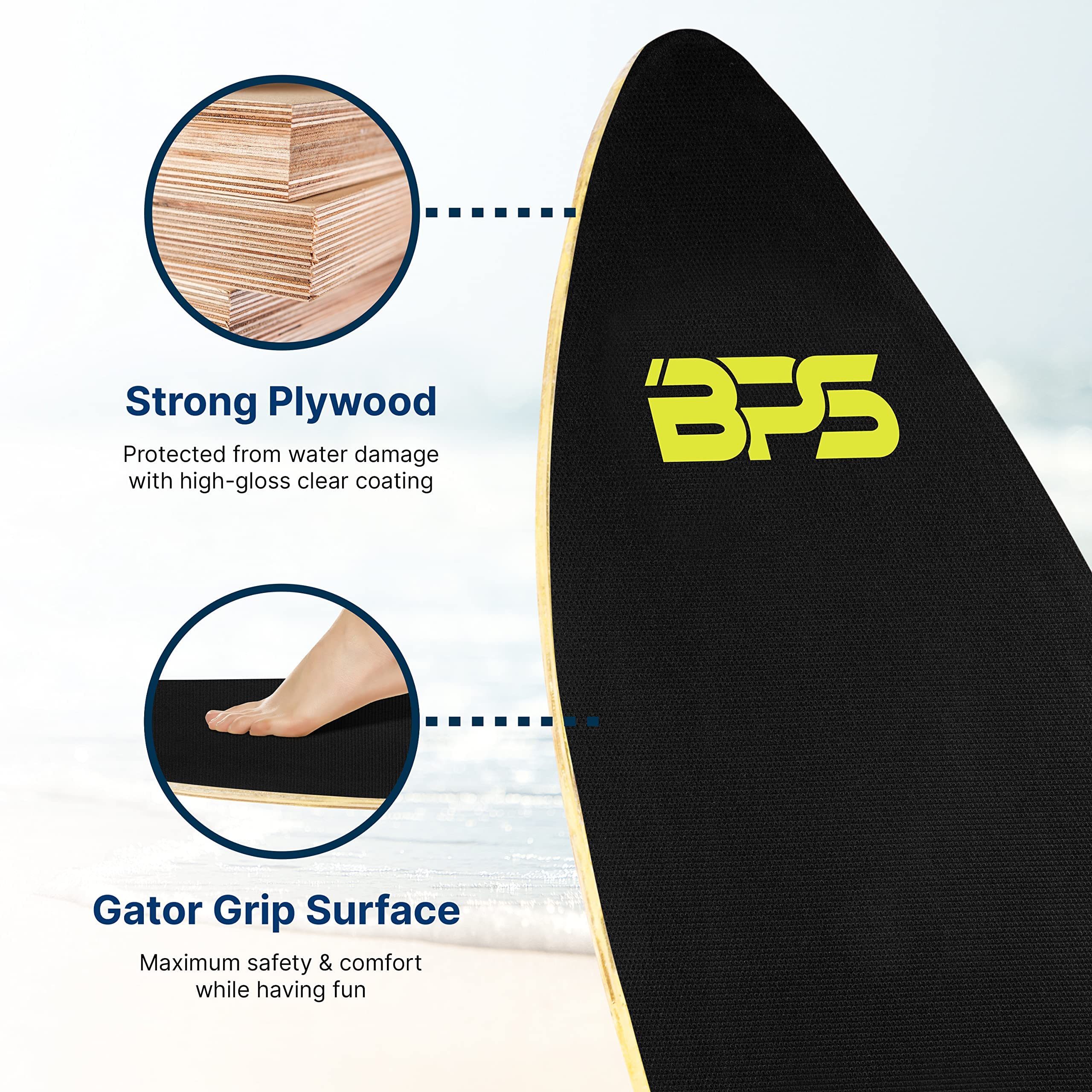 BPS 'Shaka' Skimboards with Colored EVA Grip Pad and High Gloss Clear