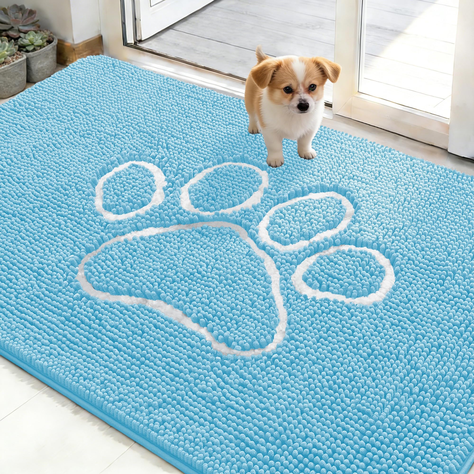 OLANLY Dog Door Mat for Muddy Paws 48x30, Paw Print Design Chenille Mud Mat