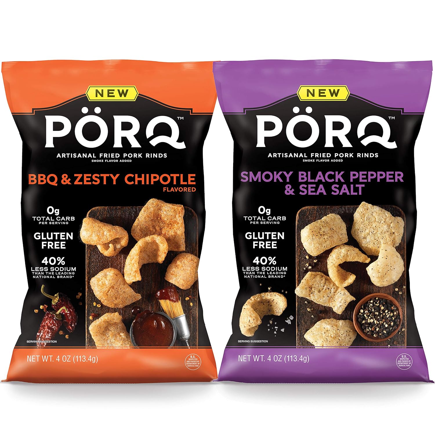 PORQ Artisan Fried Pork Rinds variety pack, BBQ & Zesty
