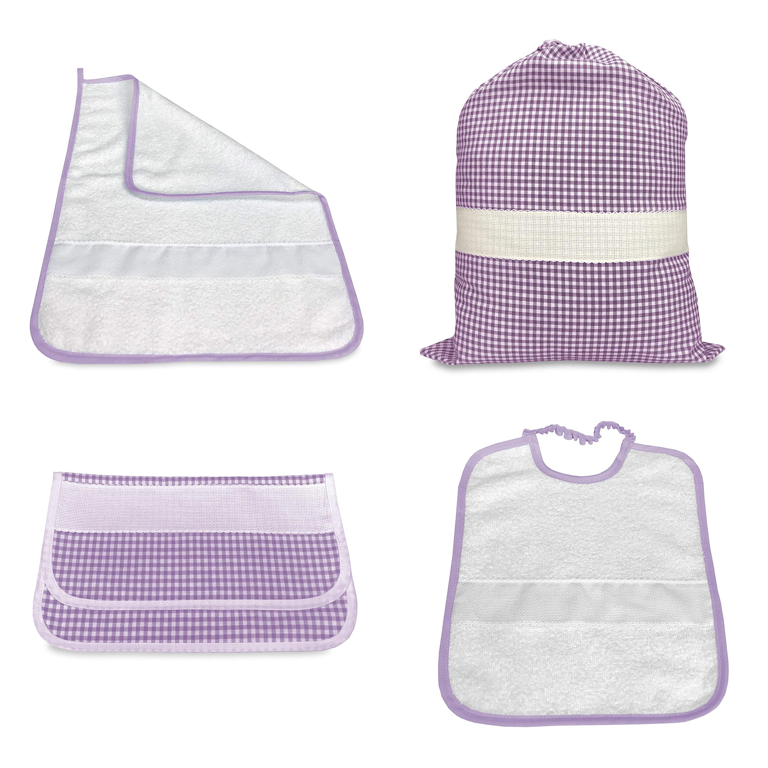 Tex family Lot de 4 sacs et serviettes et sachets à carreaux teints en fil avec toile Aida pour broder le nom