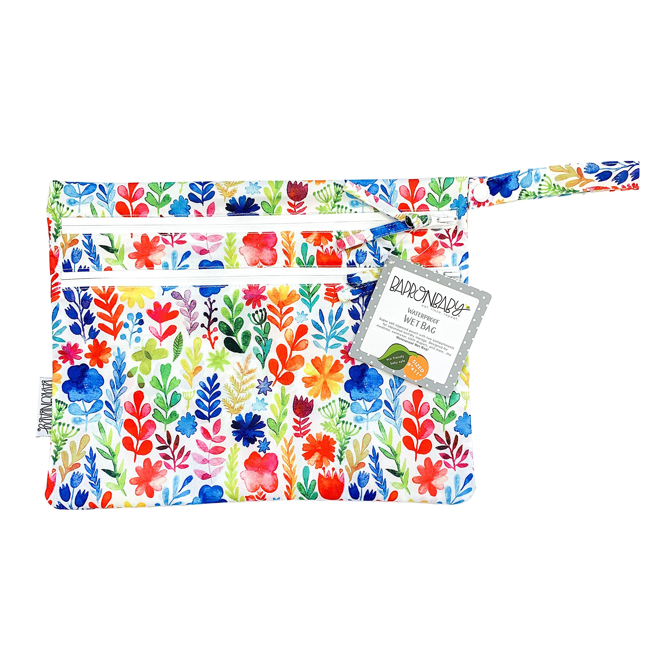 Rainbow Watercolor Floral Wet Dry Bag - Waterproof Two Zipper Pocket - Reusable for Mealtime, Diapers, Stroller, Snacks, Swimsuits - Machine Washable - 12" x 9"-image-5