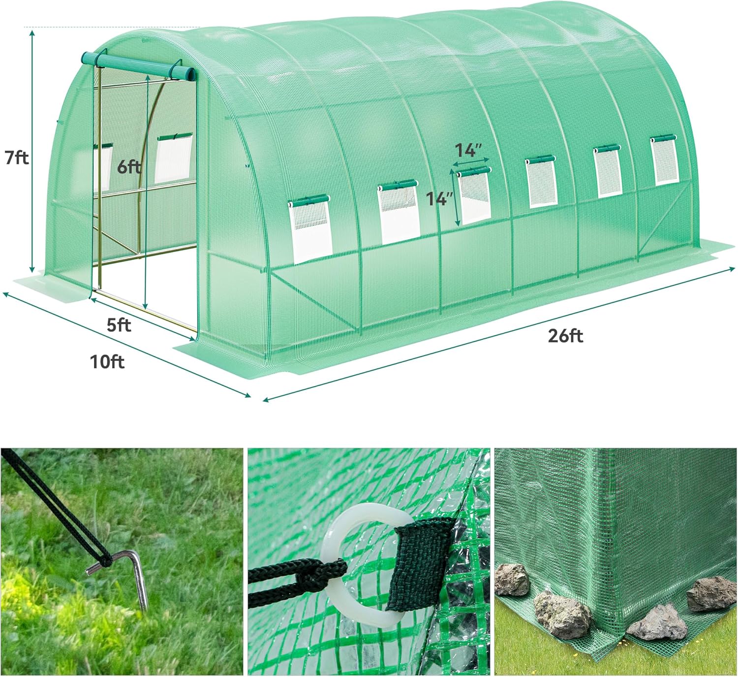 Diagram showing greenhouse dimensions and frame components