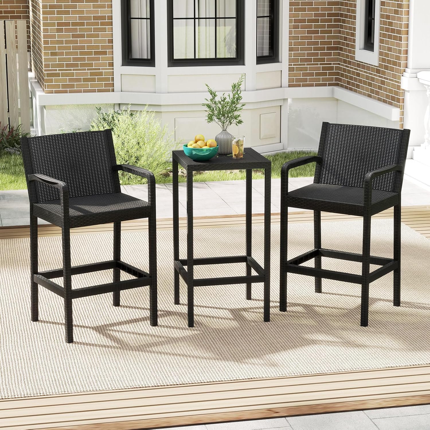 COSTWAY 3 Pieces Patio Bar Set, Modern Outdoor Bistro Set with 2 Chairs and 1 Square Bar Table, Curved Backrest and Armrests, Metal Frame, for Garden, Balcony, Poolside, Black
