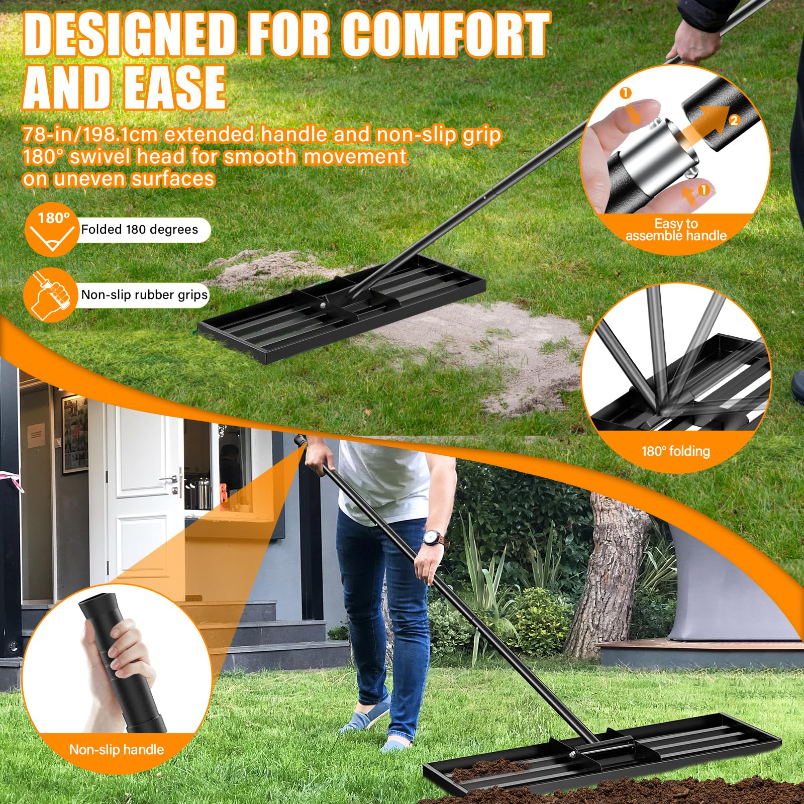Rastrillo nivelador para césped 115 x 25 cm, rastrillo nivelador para césped de acero inoxidable, equipado con un mango extra largo de 198 cm para jardín, campo de golf, granjas