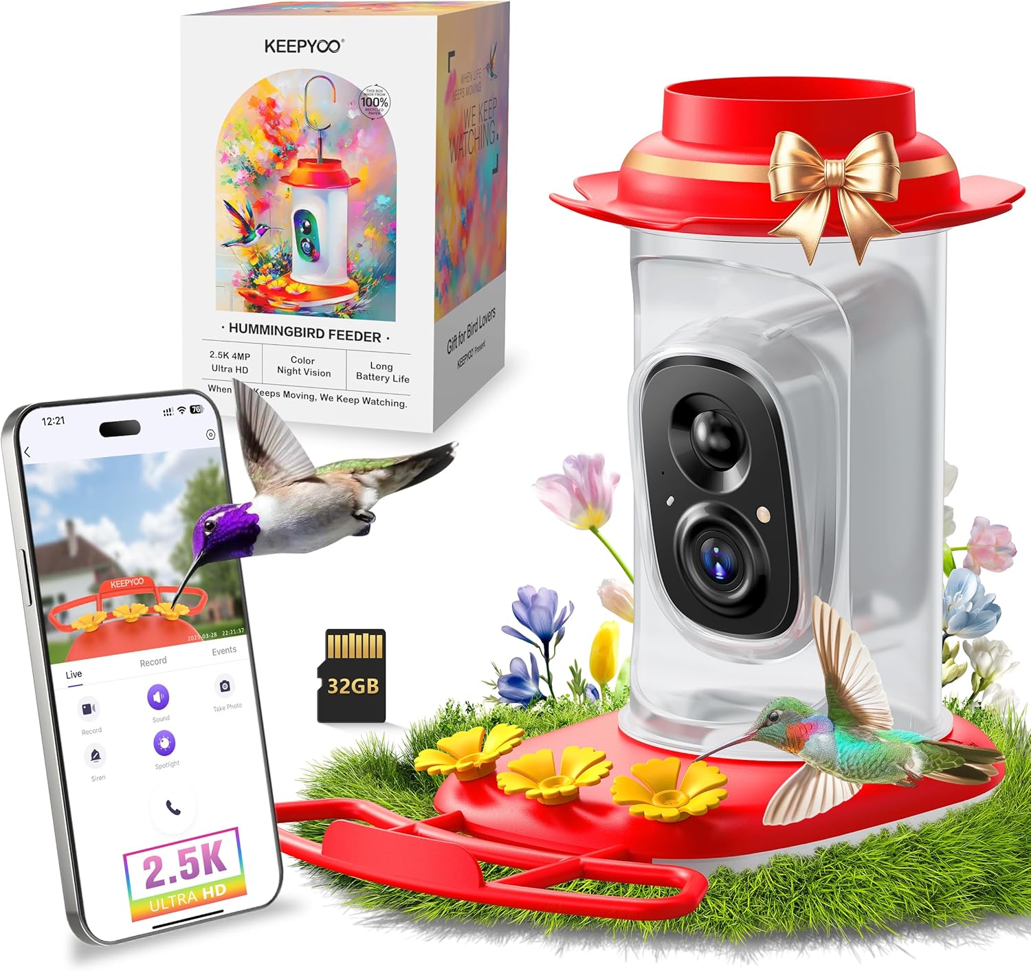 2.5K Hummingbird Feeder with Camera, Wireless Smart Bird Feeders for Outdoors, 2.4Ghz WiFi, AI Bird Identify, Instant Notification, Include 32GB SD Card, Ant Moat & Bee-Proof (Red)