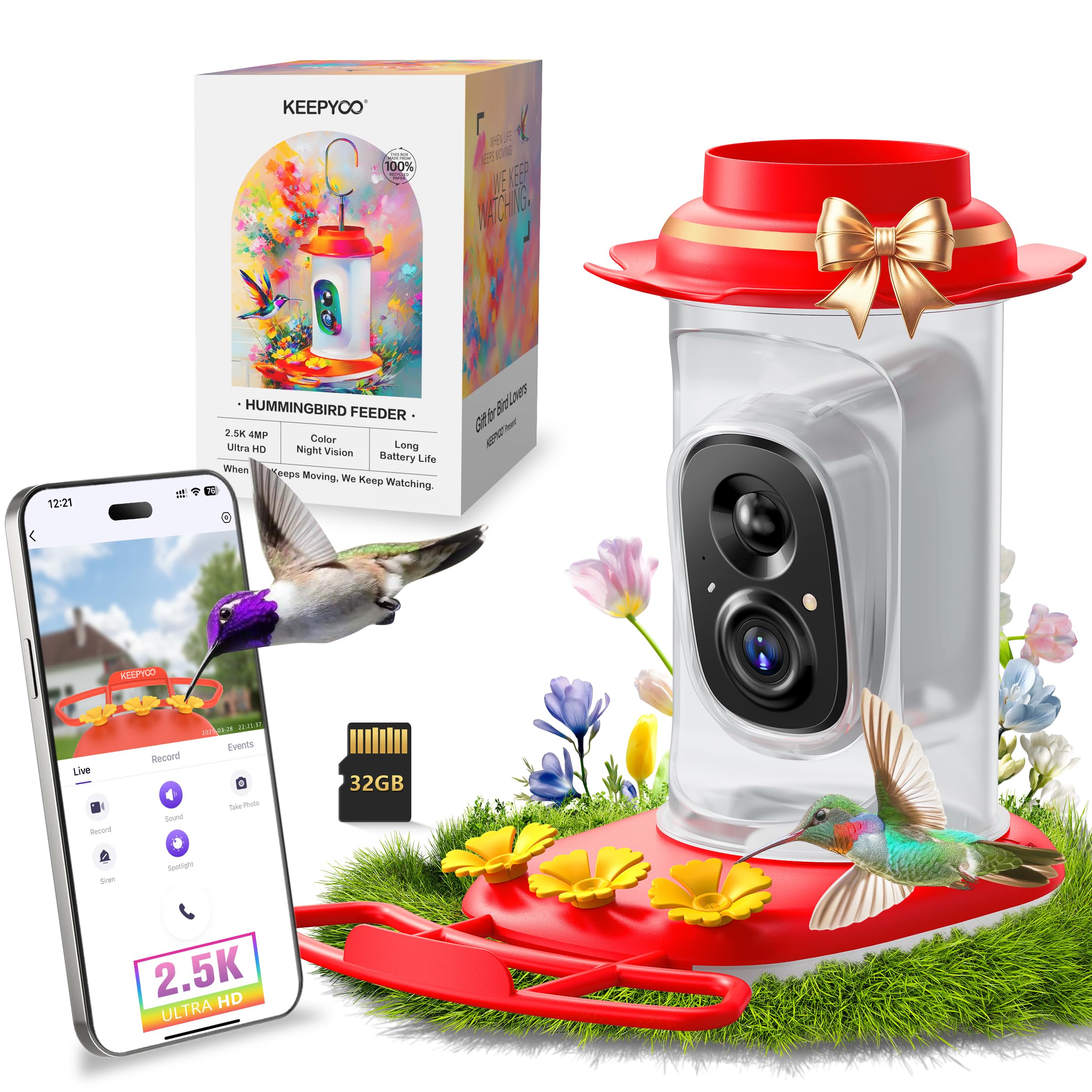 KEEPYOO 2.5K Hummingbird Feeder with Camera