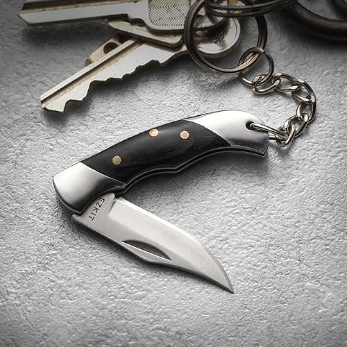 Miniatura 4 de EZKIT Cuchillo de bolsillo pequeño, cuchillo EDC con mango de acero inoxidable y madera, cuchillo plegable pequeño, longitud de la hoja 1.5 pulgadas