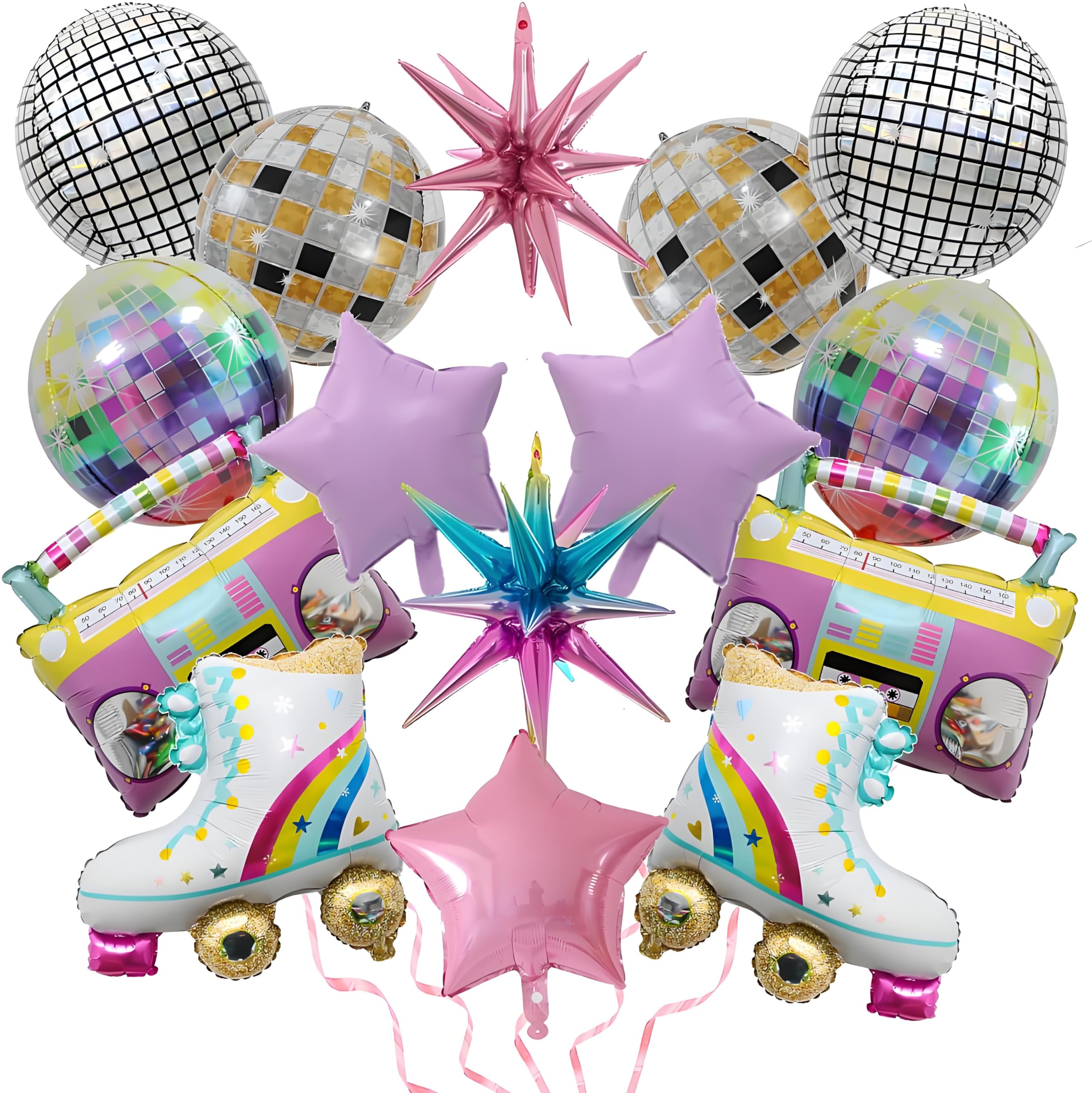 Finypa 15 Pieces Rainbow Roller Skate Boom Box Balloon, Gold Explosion Star Aluminum Foil Balloons, 4D Laser Disco Foil Balloons 80s 90s Retro Theme Hip Hop Disco Fever Birthday Party Balloon Decor