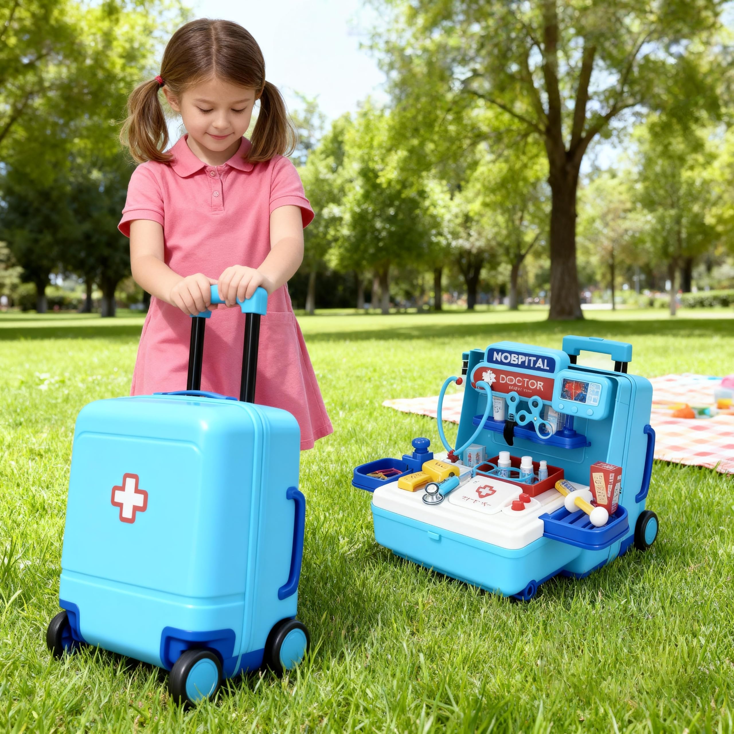 Serena & Jewel - Kit medico per stazione medica di simulazione per bambini, set 2 in 1, kit medico con tavolo e carrello