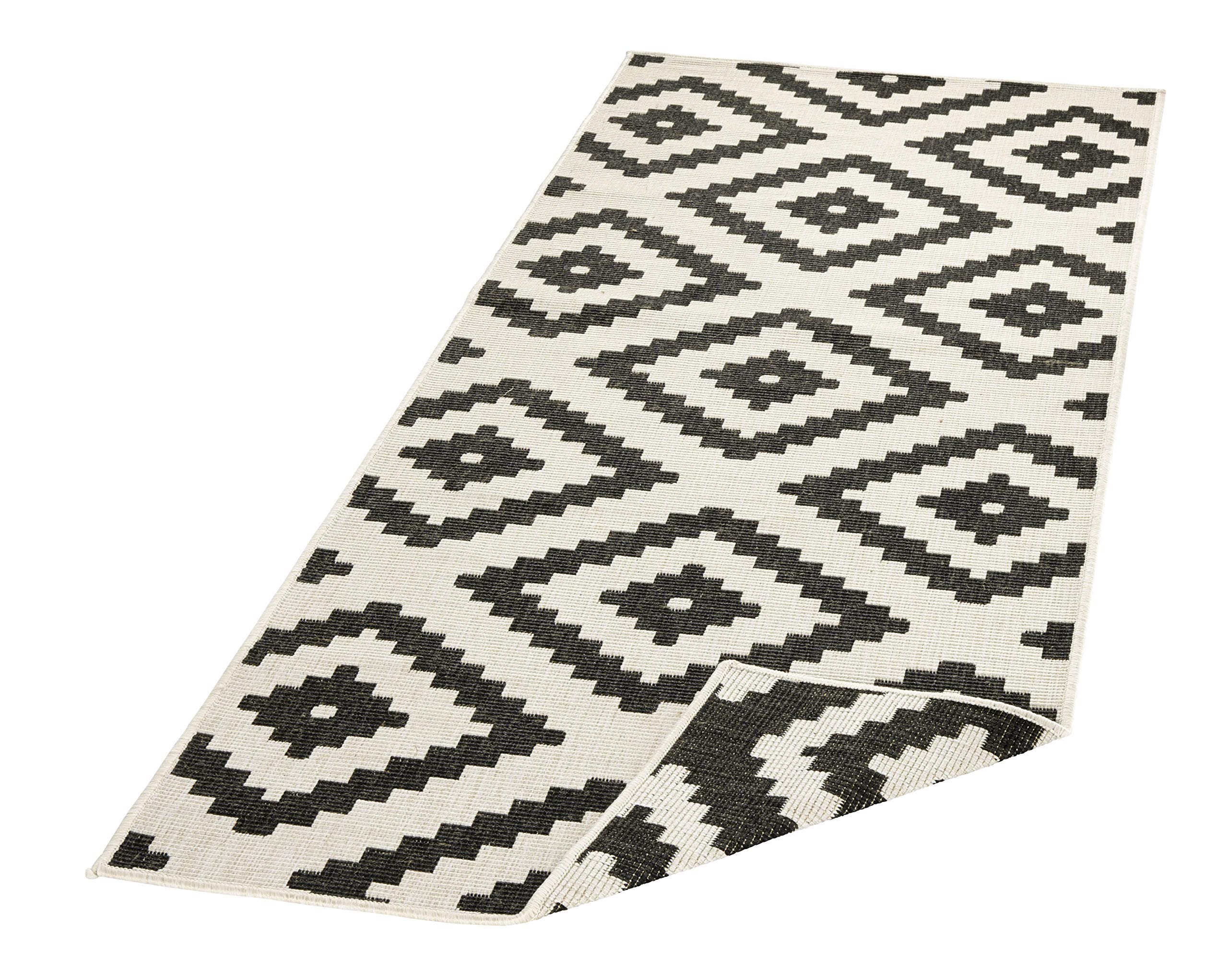NORTHRUGS Tappeto reversibile Malta, resistente alle intemperie, moderno motivo geometrico, per balcone, terrazza, giardino d'inverno, soggiorno, impermeabile, in polipropilene, nero, crema, 80 x 250