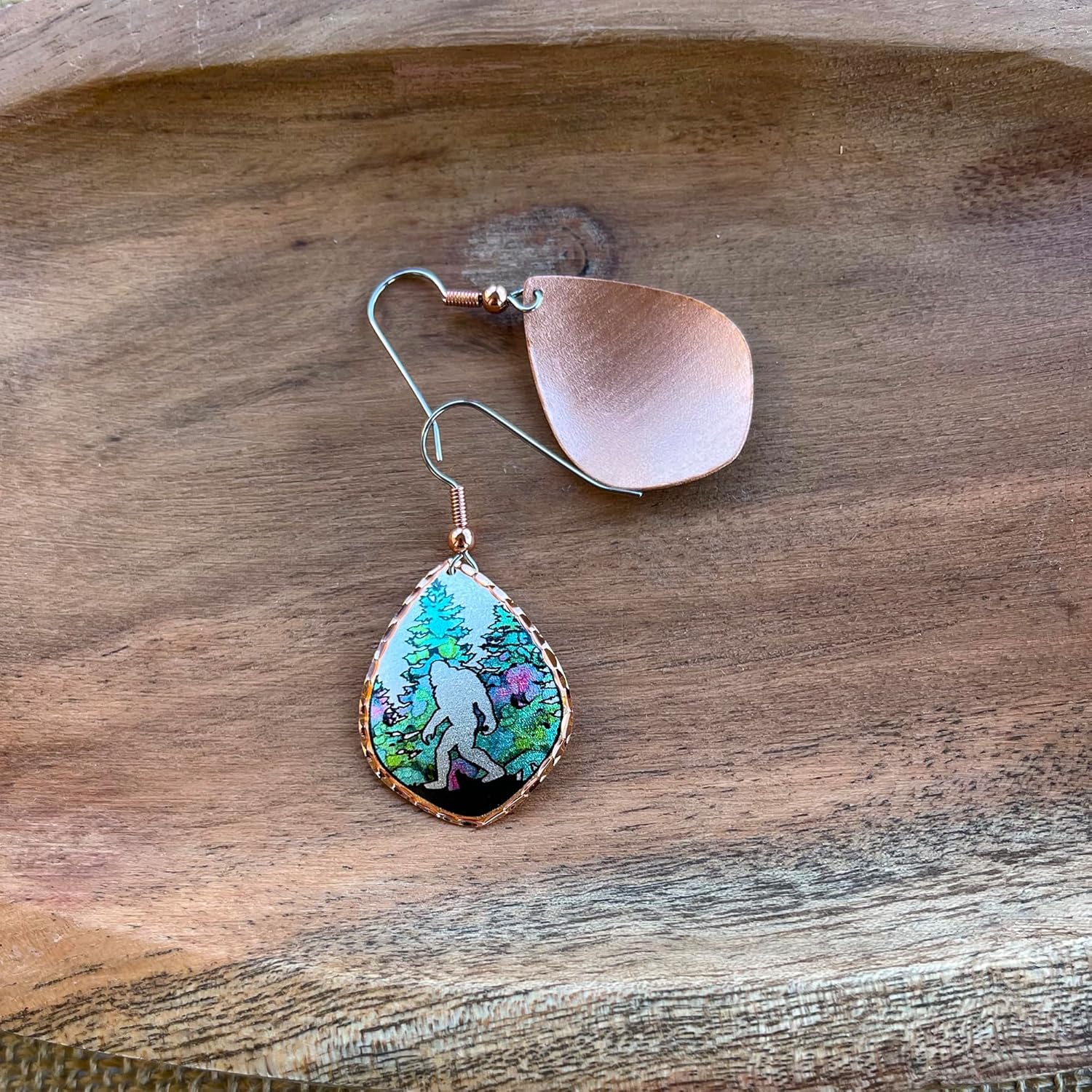 Sasquatch Earrings Featuring Bigfoot Walking in Forest - Copper Bigfoot Jewelry Design, Sasquatch Collection - Gifts for Enthusiasts
