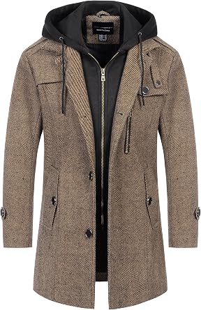 CREATMO US Mens Classic Pea Coat Wool Blend Trench Coat Windproof Business Overcoat With Detachable Hood