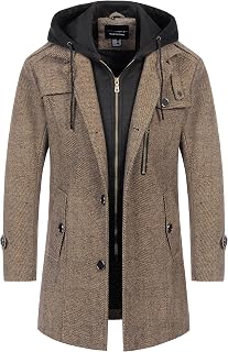 Men's Classic Pea Coat Wool Blend Trench Coat Windproof Business Overcoat With Detachable Hood