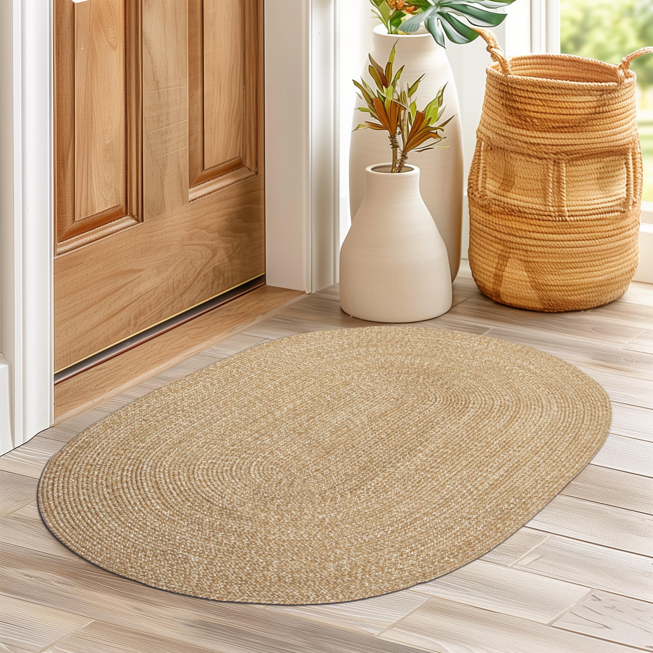 Super Area Rugs Beige/Light Brown Braided Rug - Entryway Door Mat - 2x3 ft Indoor Outdoor Farmhouse Kitchen Braided Rug