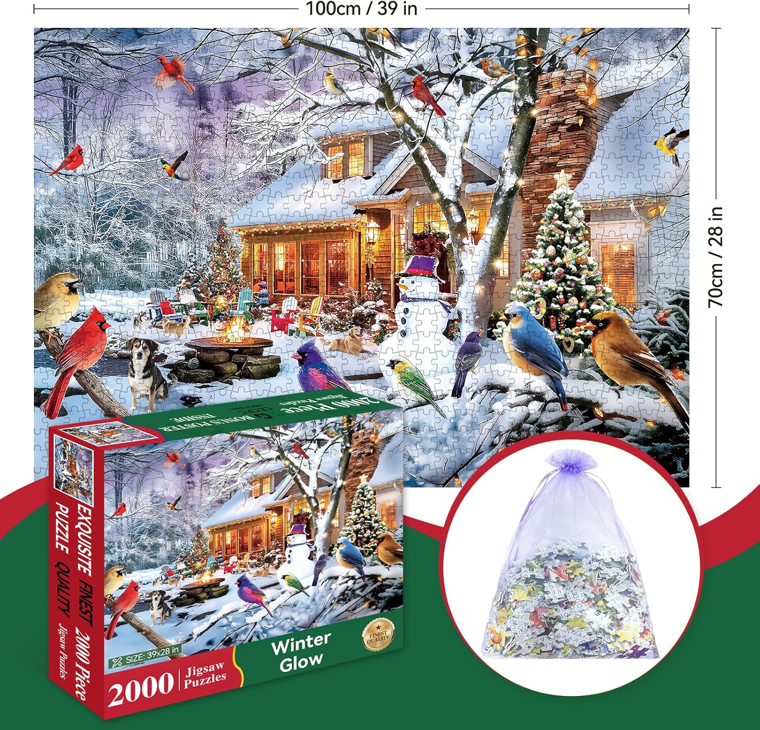 2000 Piece Puzzle for Adults, Puzzles for Adults 2000 Pieces, Winter Snow Bonfire Birds Dog Jigsaw Puzzles, Challenging Puzzle Perfect for Game Nights, 39" X 28"