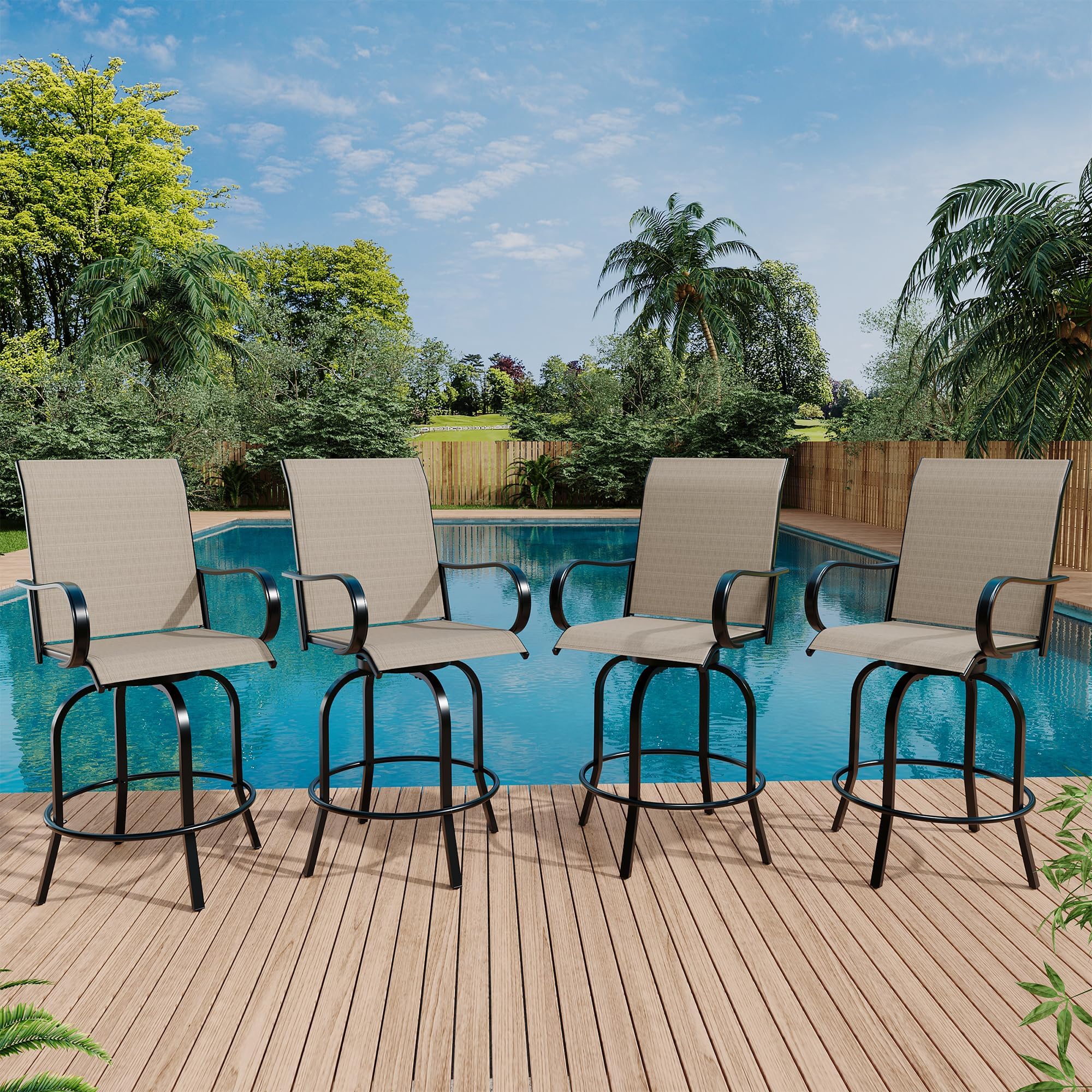 Garvee Ensemble De Bar De Jardin, Table Haute Carrée en Verre Trempé, Tabourets Pivotants, Mobilier Extérieur Résistant Intempéries, Idéal pour Terrasse, Balcon, Jardin, Piscine