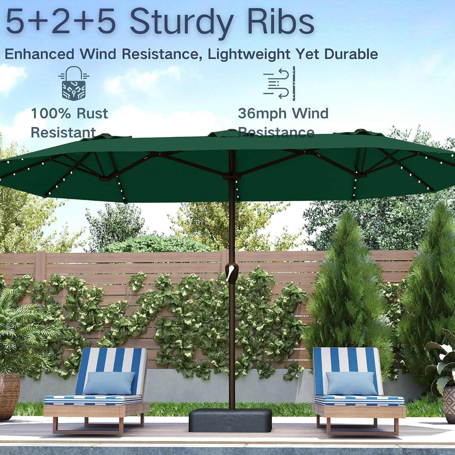 Kingdura 15ft Large Patio Umbrella with Solar Lights, Double-Sided Rectangle Outdoor Table Umbrella with Base Included, 12 Reinforced Ribs, 48 Led Lights, Crank Lift for Market Pool Deck, Dark green