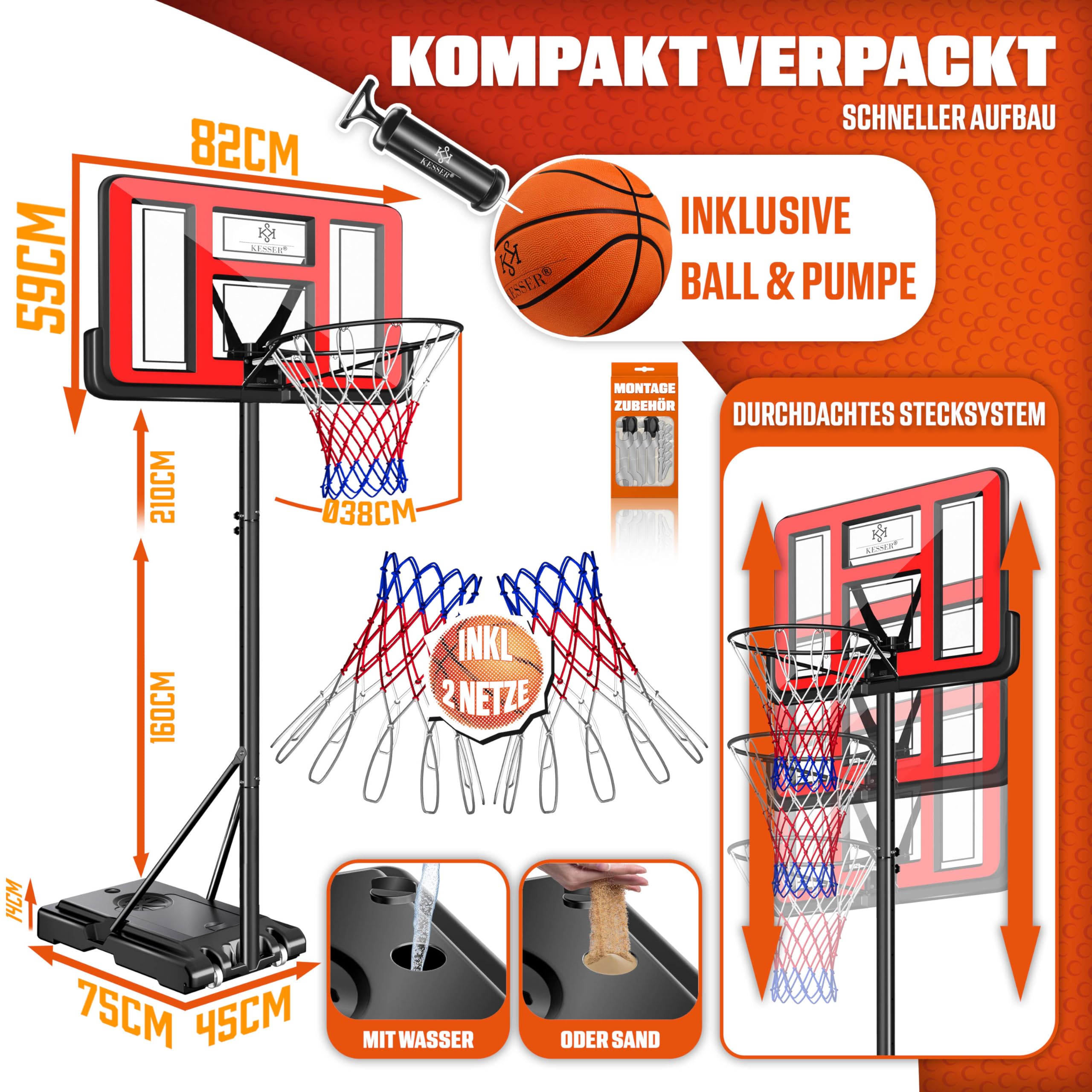 KESSER Juego de canasta de baloncesto ajustable de 160 a 210 cm, soporte de baloncesto móvil con ruedas, tabla de baloncesto, bomba y 2 redes, sistema de baloncesto para interiores y exteriores para