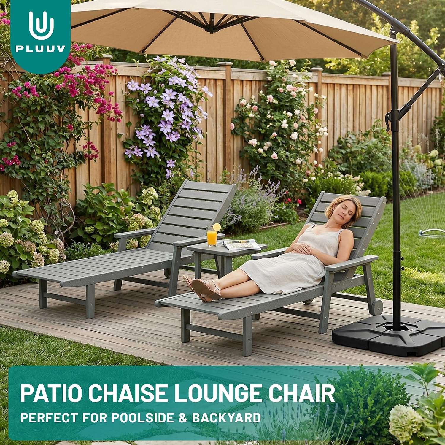 PLUUV HDPE Outdoor Chaise Lounge Set of 2, Patio Lounge Chairs for Outdside with 5-Position Adjustable Backrest + Cup Holders + Wheels for Deck, Poolside, Backyard -Dark Grey