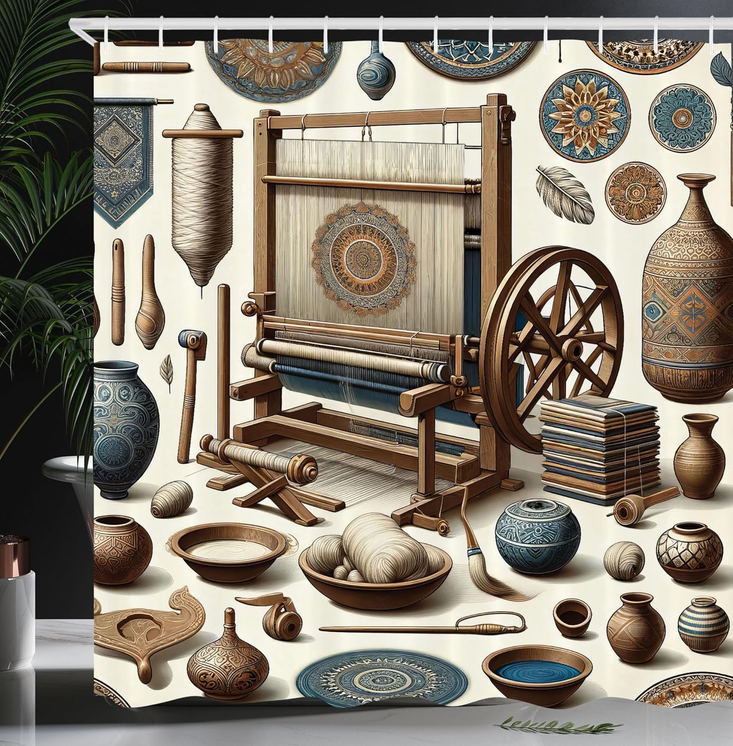 Ambesonne Traditional Shower Curtain, Oriental Weaving Machine Illustration with Ethnic Pots Urns Print, Cloth Fabric Bathroom Decor Set with Hooks, 69" W x 84" L, Umber Dark Teal Ivory