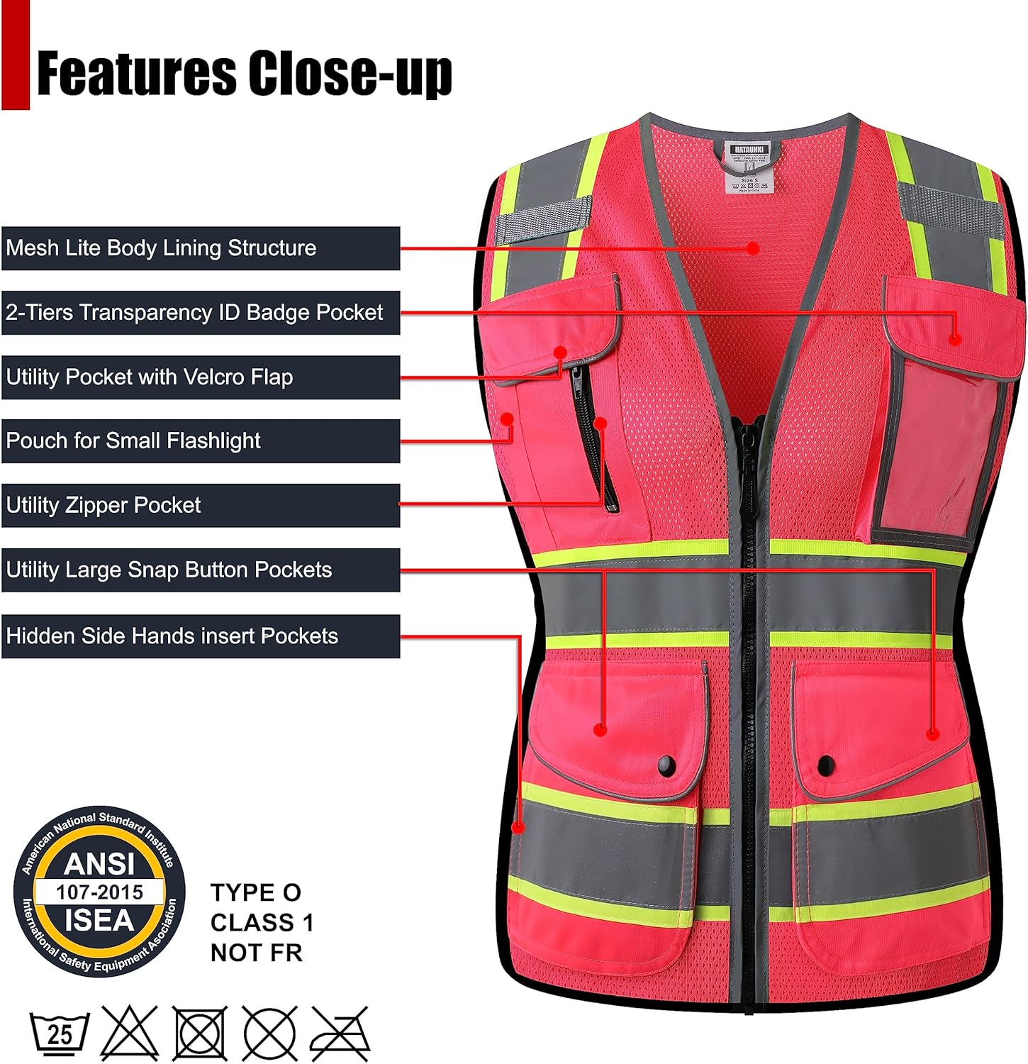 High Visibility Reflection Pink Mesh Safety Vests with 8 Pockets and Front Zipper, hi vis safety vest for Women, Meets ANSI/ISEA Standards(Pink-16,X-Large) - Image 3