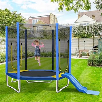 7 FT Trampoline for Kids Toddler with Enclosure Net & Safety Pad, Mini Outdoor Trampoline with Slide