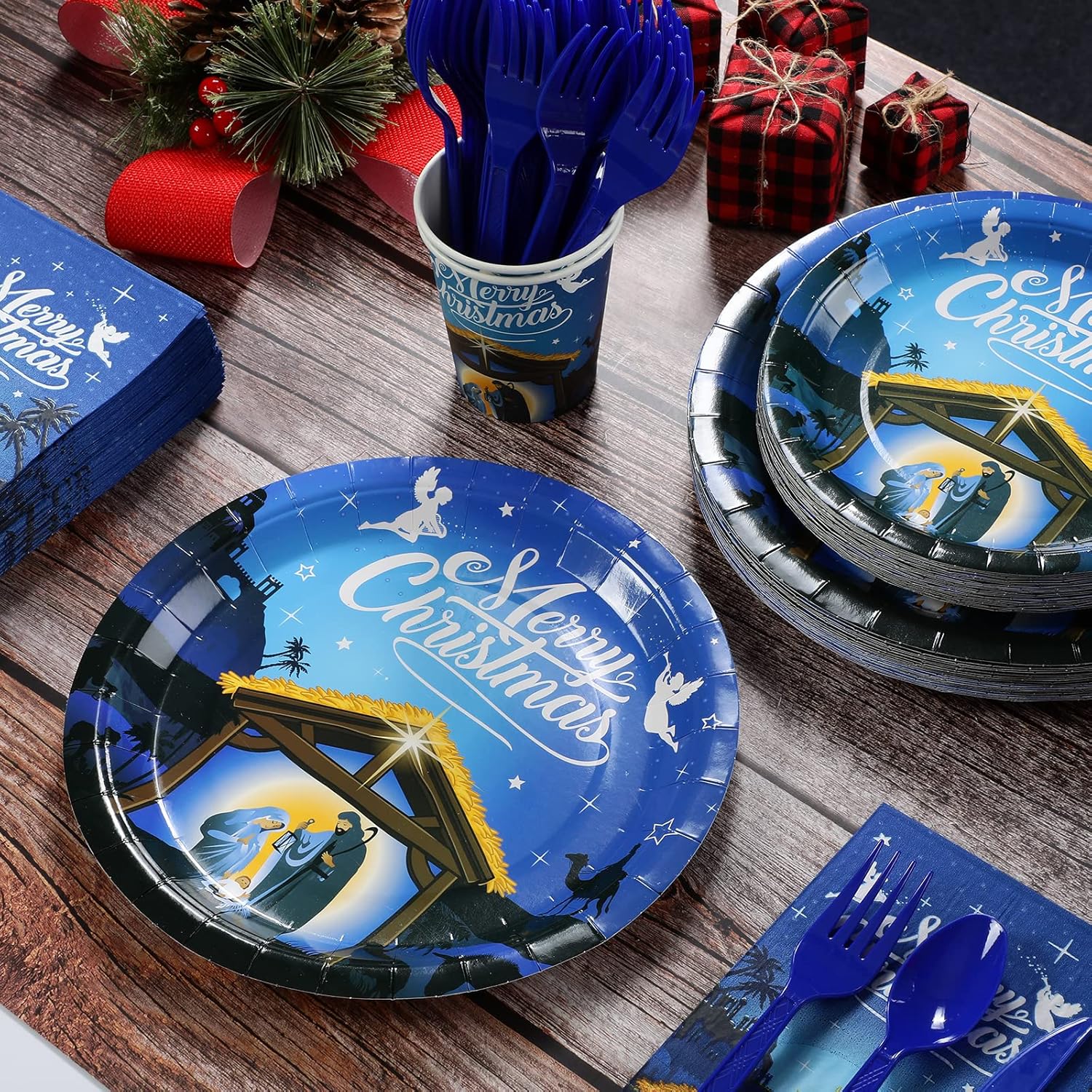 Christmas Nativity Party Supplies, Christmas Nativity Plates and Napkins Set, Disposable Jesus Holy Night Paper Plates Napkins Cups Knives Spoons Forks for Xmas Winter Holiday Party Decors, Serve 50