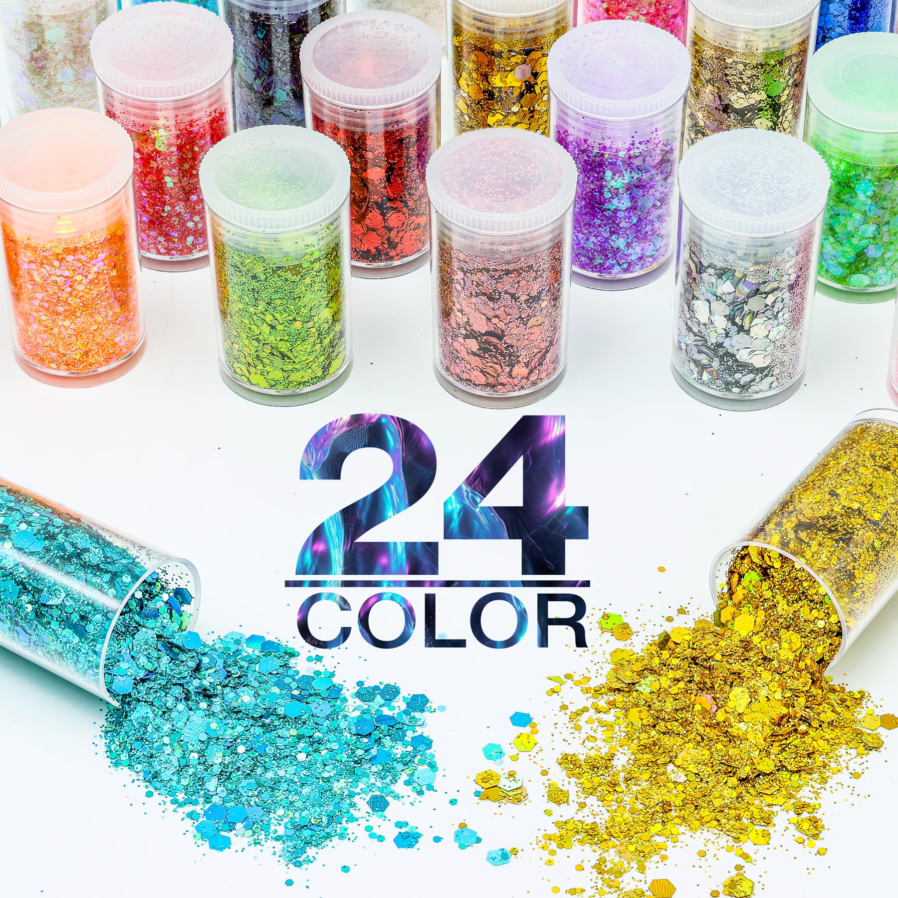 Holographic Chunky and Fine Glitter Mix, 24 Colors Festival Sequins & Glitter Powder, Iridescent Flakes for Face Body Eye Hair Nail Art Resin Tumbler