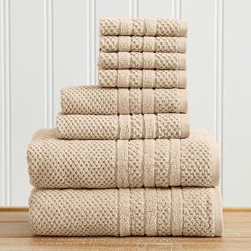 Great Bay Home 100% Cotton 8 Piece Towel Set - Absorbent, Quick-Drying, Checkered Jacquard Bath Towels for Bathroom - Zero-Twist Fibers Sandstone