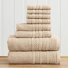 Great Bay Home 100% Cotton 8 Piece Towel Set - Absorbent, Quick-Drying, Checkered Jacquard Bath Towels for Bathroom - Zero-Twist Fibers Sandstone