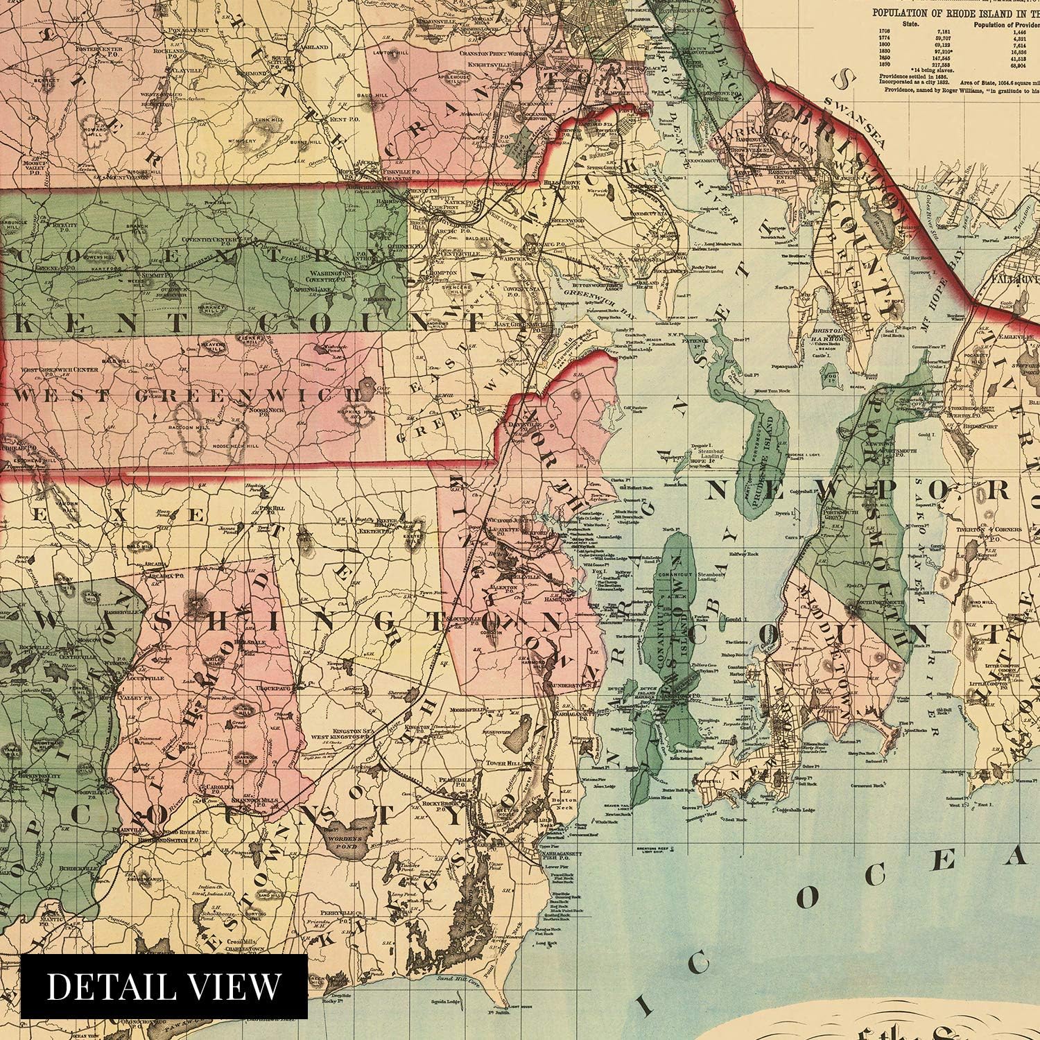 HISTORIX Vintage 1880 Rhode Island State Map - 18x24 Inch Vintage Map of Rhode Island Wall Art Decor - Map of Rhode Island and Providence Plantations Poster with 1875 1880 Population Census