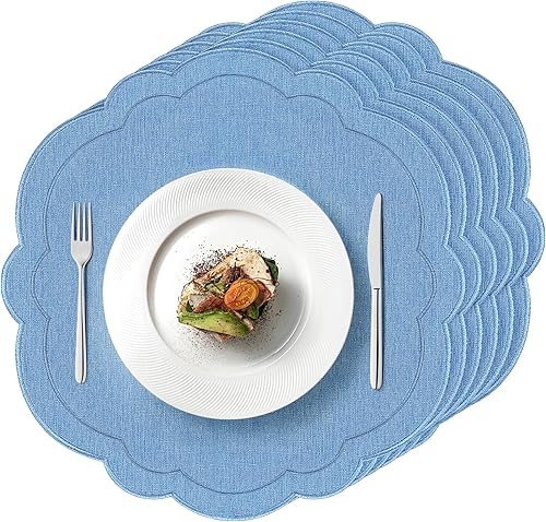 Juego de 6 manteles individuales de lino de algodón azul de 15 pulgadas, manteles individuales festoneados bordados florales puros, manteles