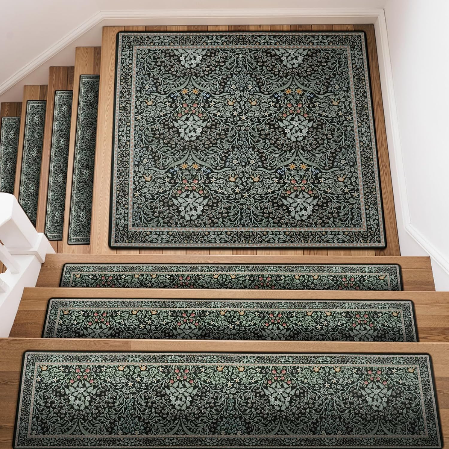OJIA Floral Stair Treads Non-Slip Stair Runner for Wooden Steps Indoor 31″x31″ Carpet Stair Treads Stair Mats Staircase Step Treads for Kids, Elders and Dogs, Stair Covers, Black